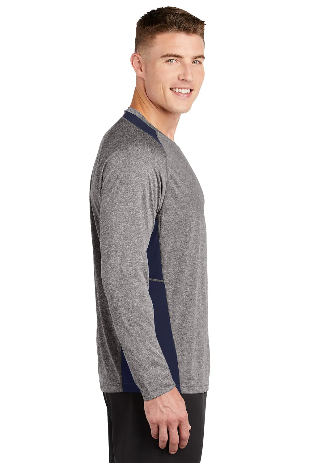 Sport-Tek Mens Contender Heather Moisture Wicking Long Sleeve Crewneck T-Shirt - Heather Vintage Grey/True Navy Blue