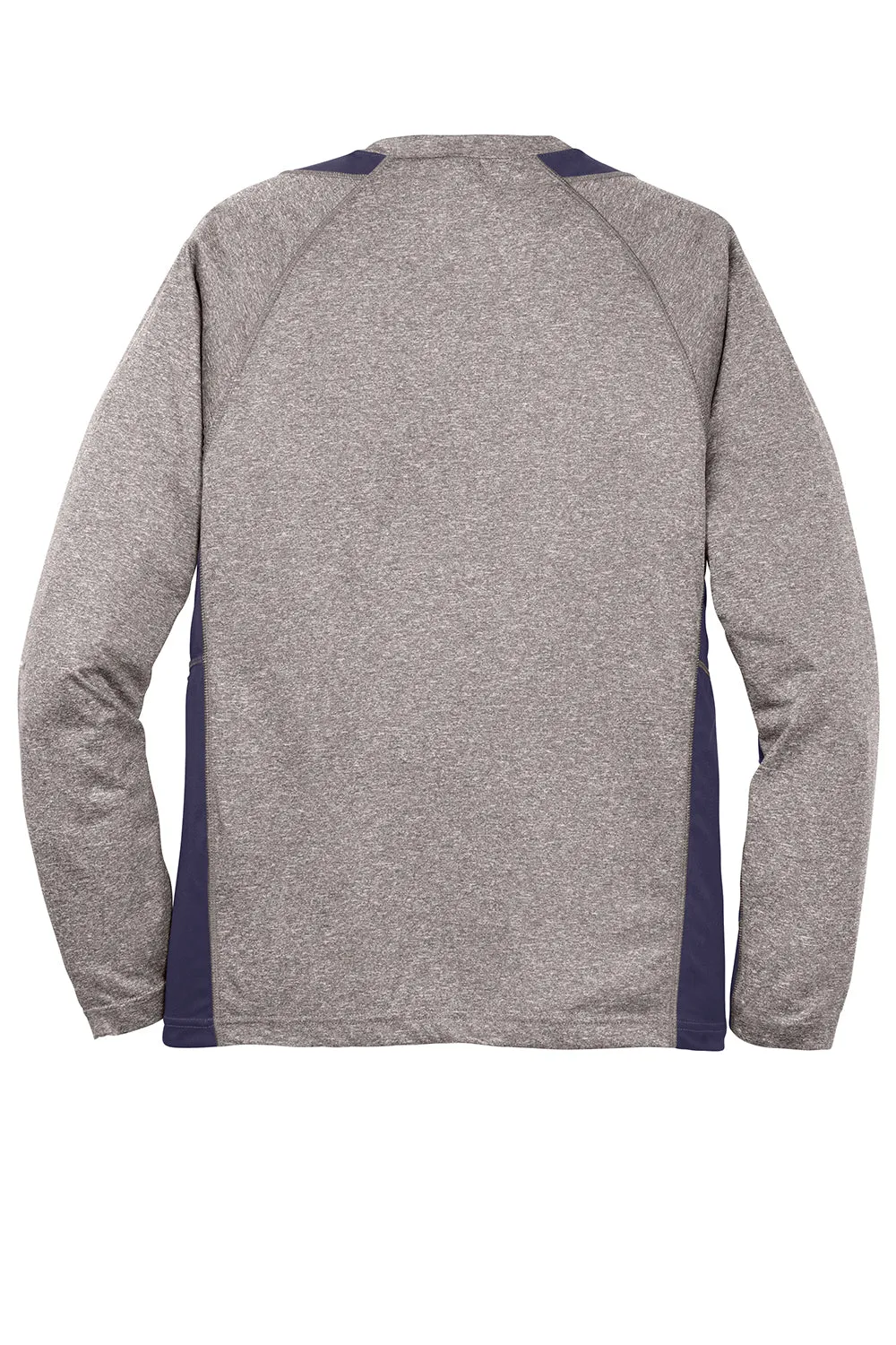 Sport-Tek Mens Contender Heather Moisture Wicking Long Sleeve Crewneck T-Shirt - Heather Vintage Grey/True Navy Blue