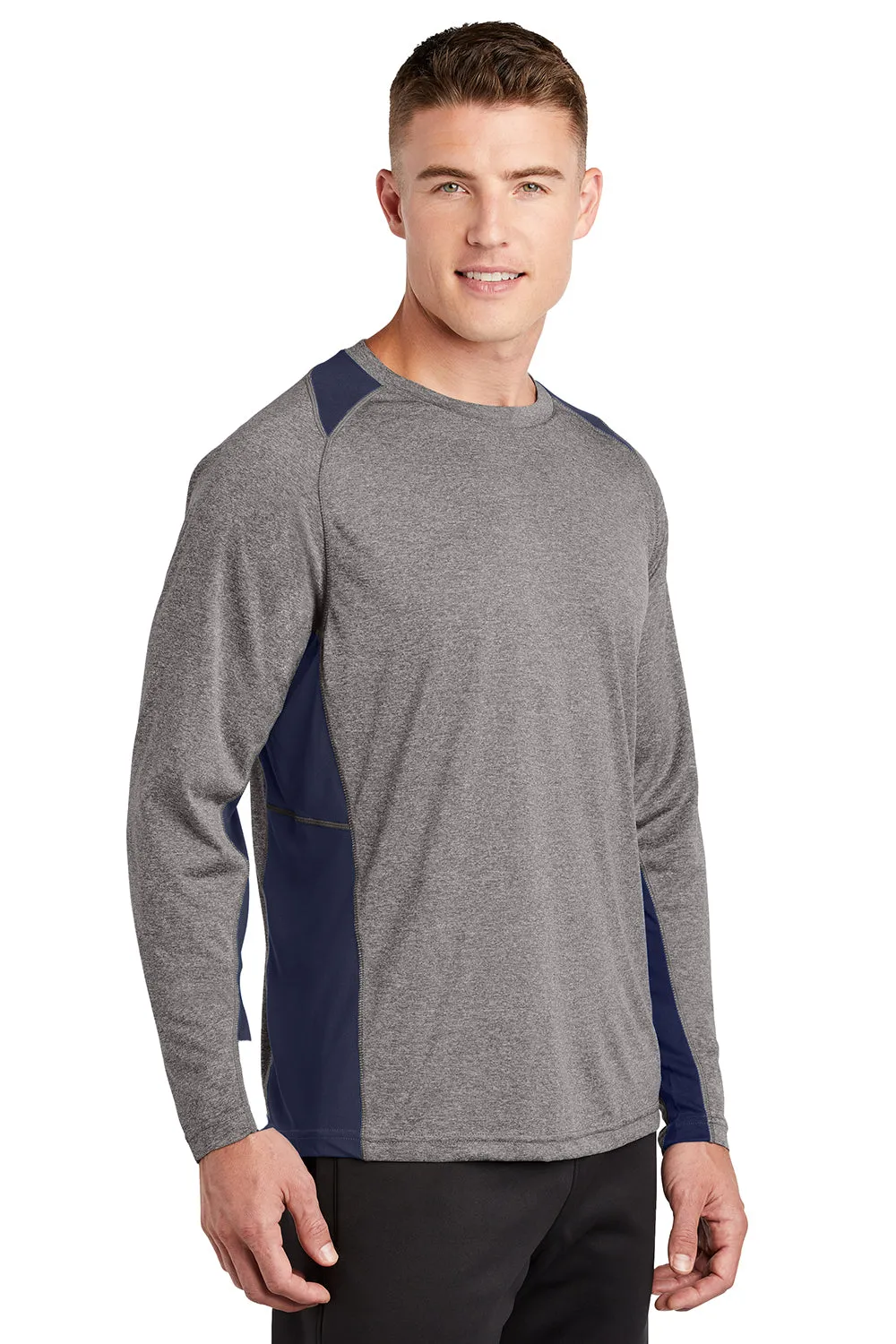 Sport-Tek Mens Contender Heather Moisture Wicking Long Sleeve Crewneck T-Shirt - Heather Vintage Grey/True Navy Blue
