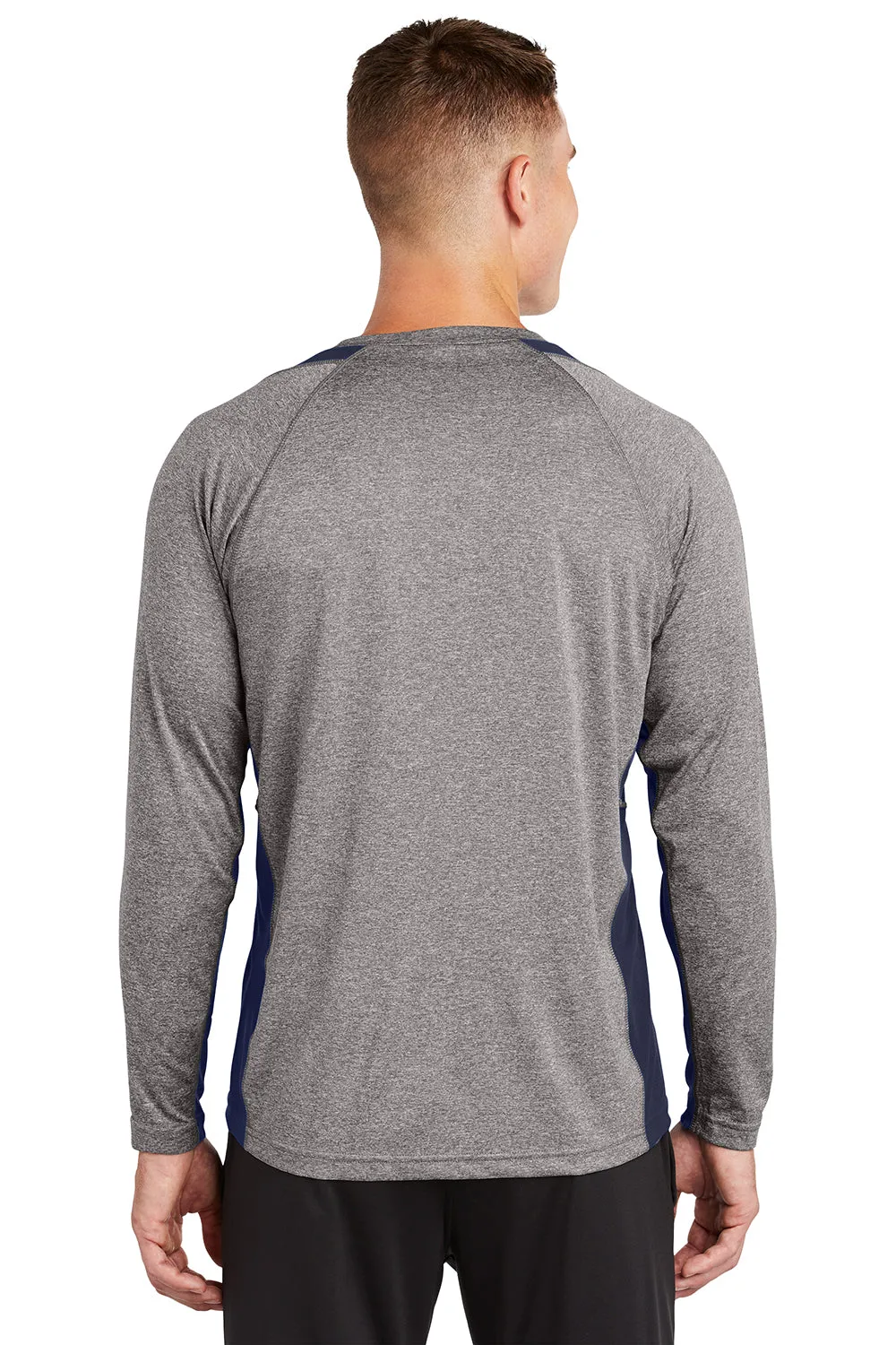 Sport-Tek Mens Contender Heather Moisture Wicking Long Sleeve Crewneck T-Shirt - Heather Vintage Grey/True Navy Blue