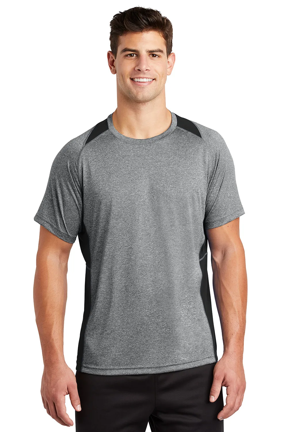 Sport-Tek Mens Contender Heather Moisture Wicking Short Sleeve Crewneck T-Shirt - Heather Vintage Grey/Black