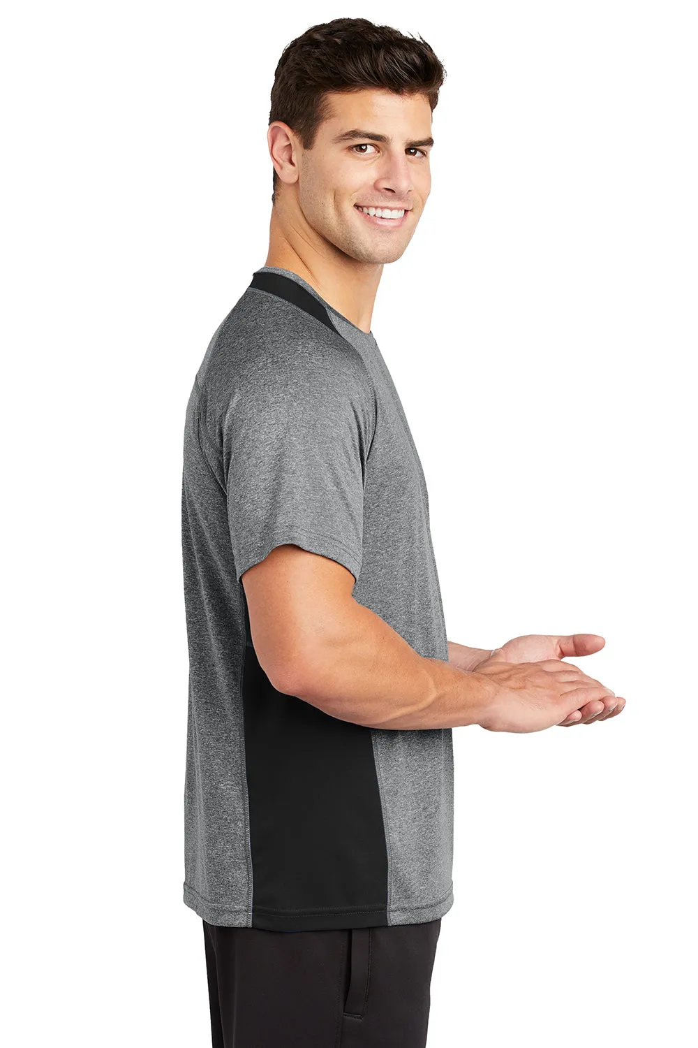 Sport-Tek Mens Contender Heather Moisture Wicking Short Sleeve Crewneck T-Shirt - Heather Vintage Grey/Black