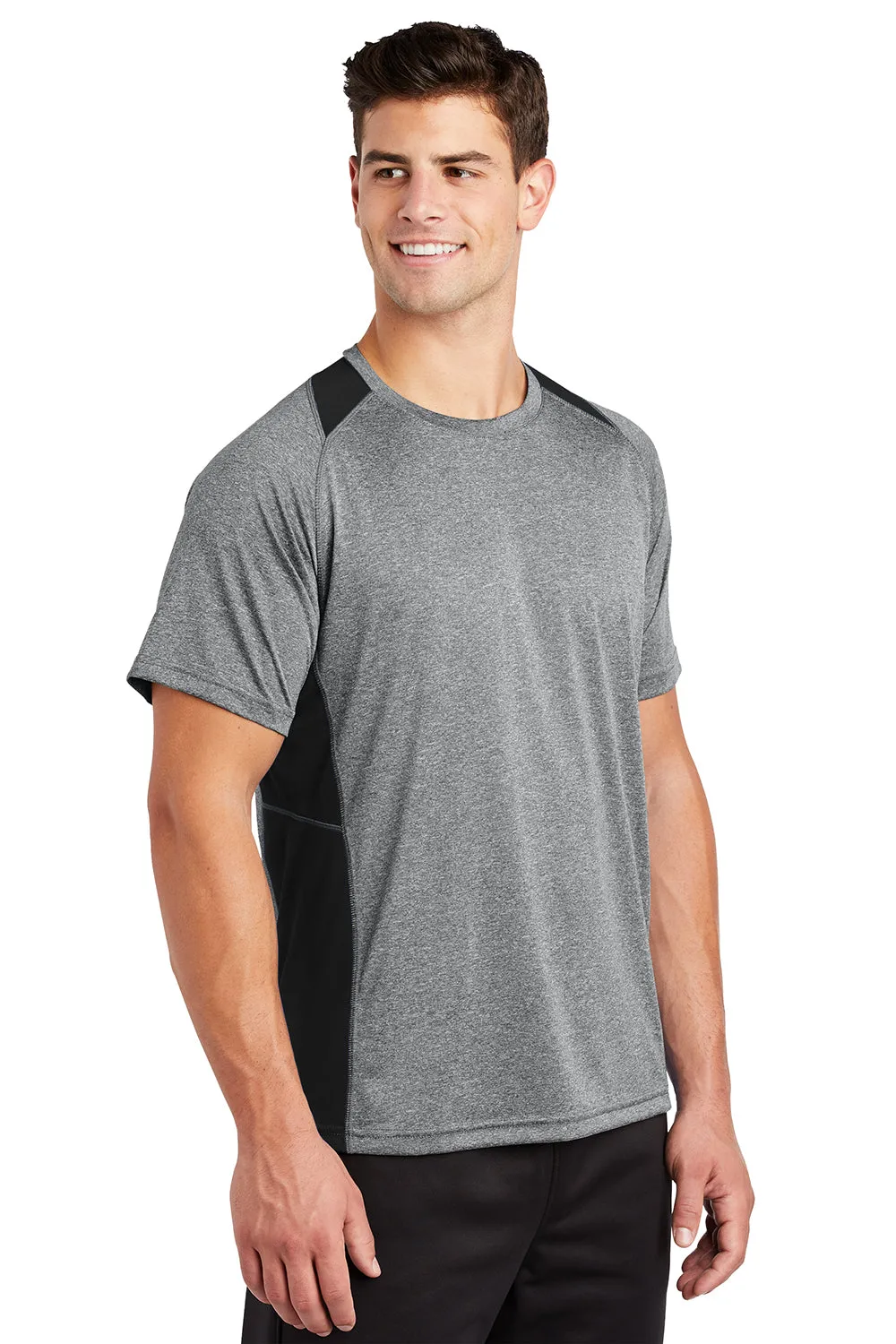 Sport-Tek Mens Contender Heather Moisture Wicking Short Sleeve Crewneck T-Shirt - Heather Vintage Grey/Black