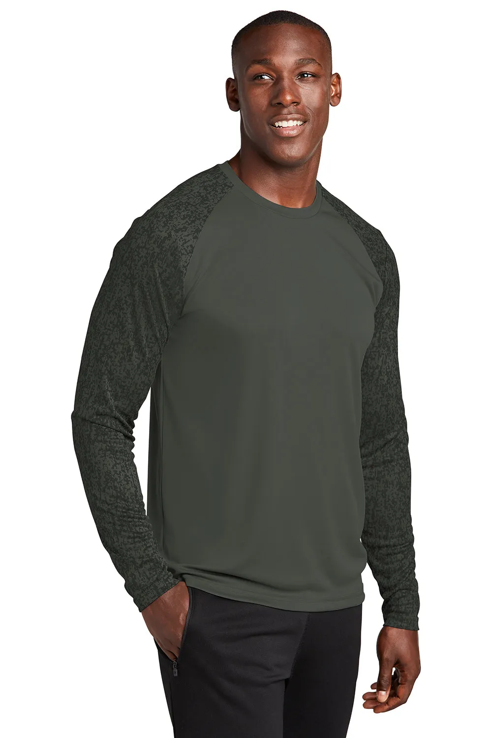 Sport-Tek Mens Digi Camo Moisture Wicking Long Sleeve Crewneck T-Shirt - Black