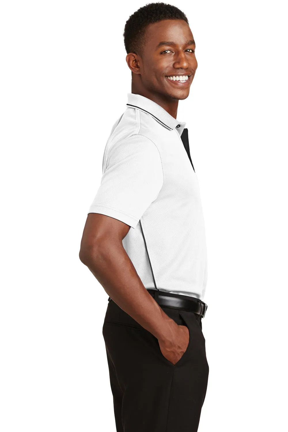 Sport-Tek Mens Dri-Mesh Moisture Wicking Short Sleeve Polo Shirt - White/Black - Closeout