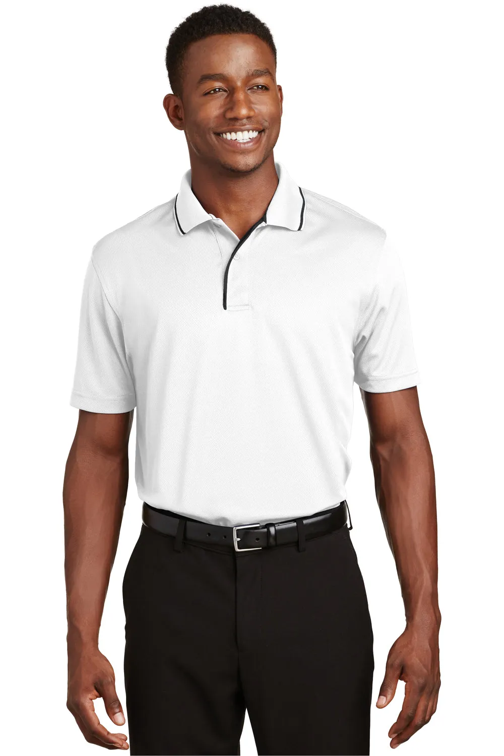 Sport-Tek Mens Dri-Mesh Moisture Wicking Short Sleeve Polo Shirt - White/Black - Closeout