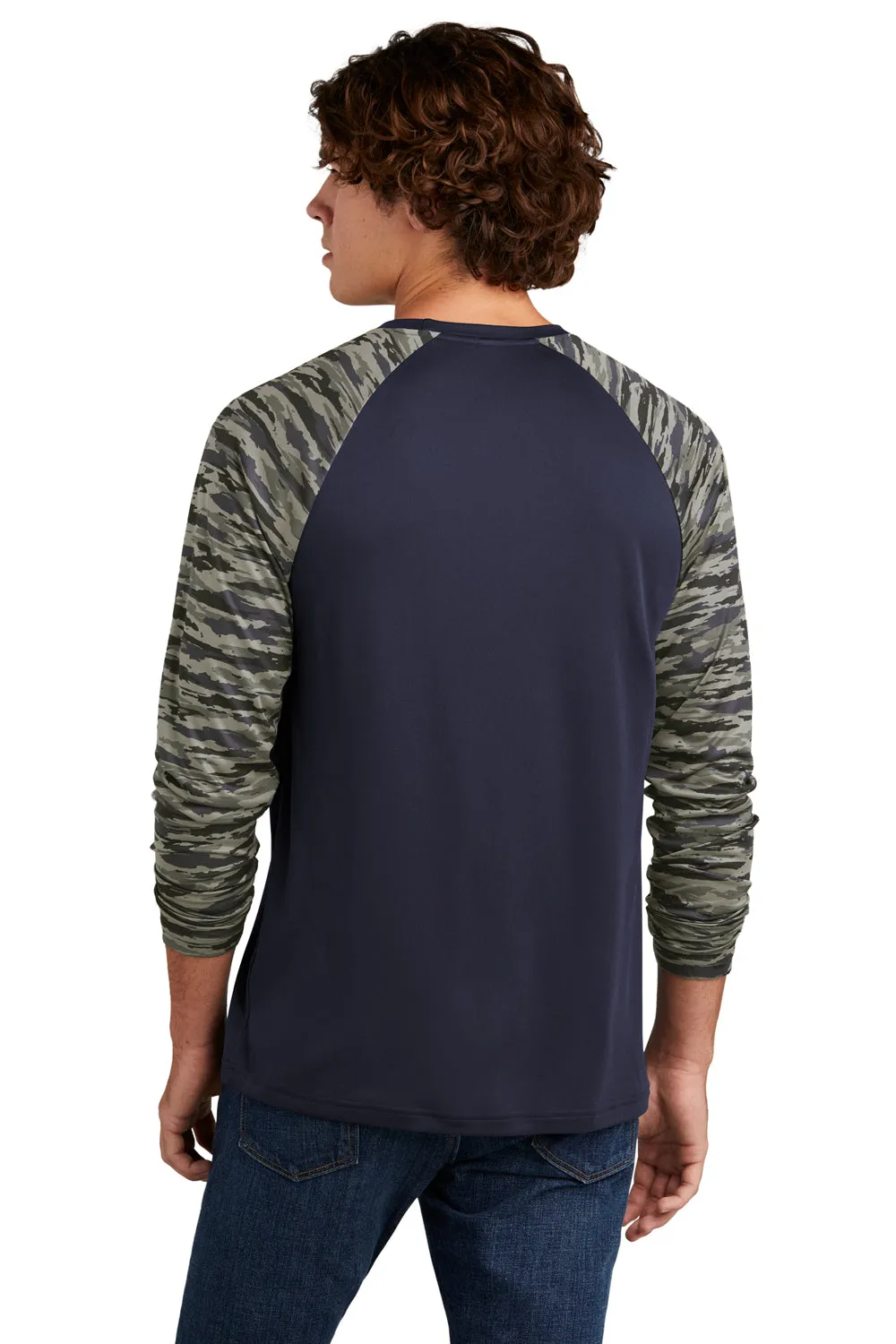 Sport-Tek Mens Drift Camo Colorblock Moisture Wicking Long Sleeve Crewneck T-Shirt - True Navy Blue