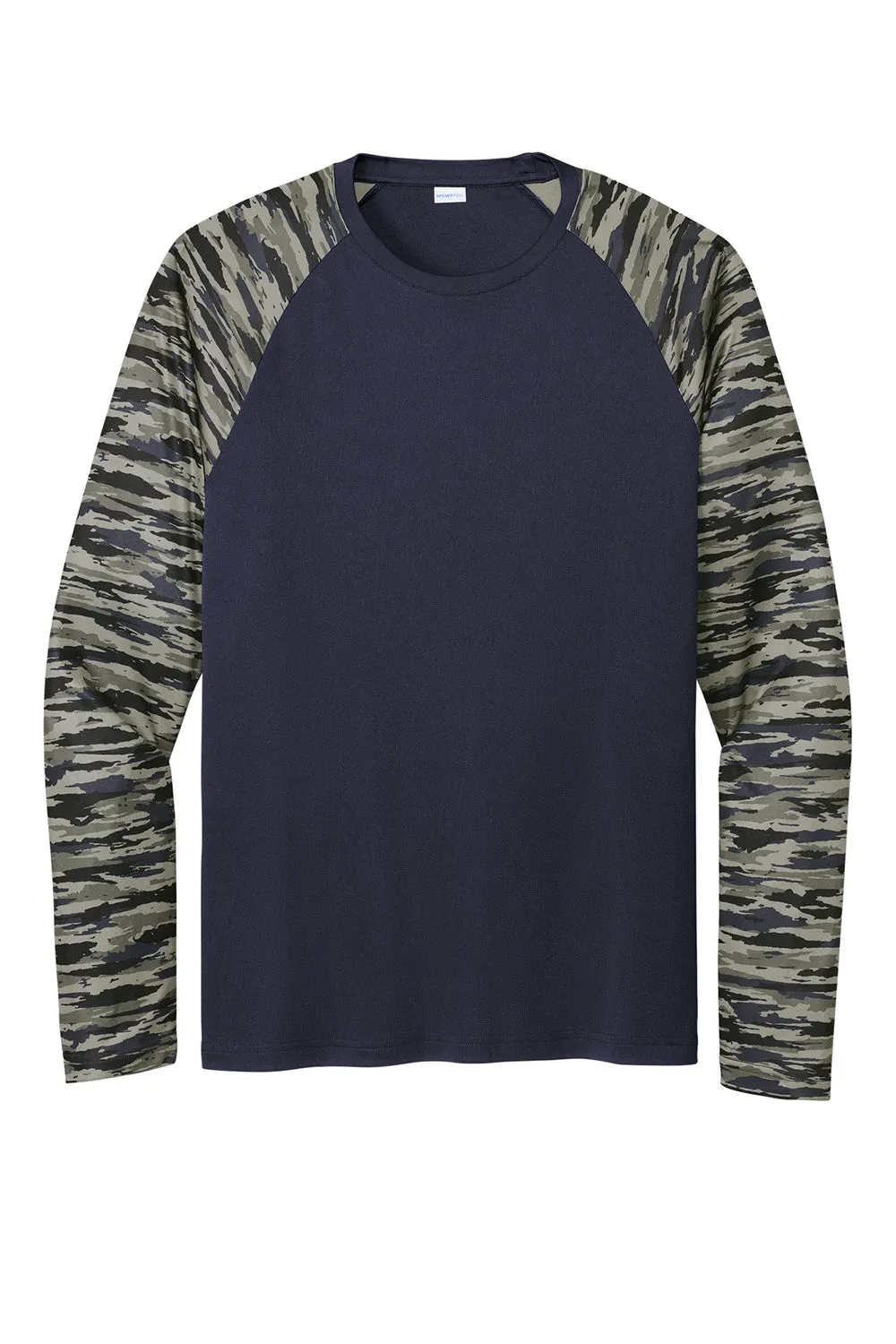 Sport-Tek Mens Drift Camo Colorblock Moisture Wicking Long Sleeve Crewneck T-Shirt - True Navy Blue