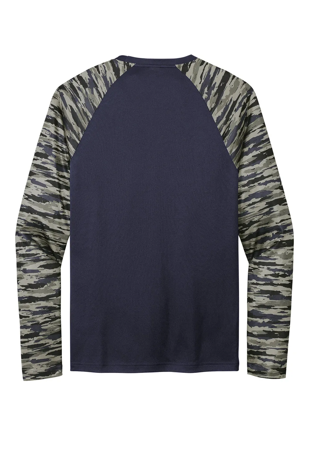 Sport-Tek Mens Drift Camo Colorblock Moisture Wicking Long Sleeve Crewneck T-Shirt - True Navy Blue