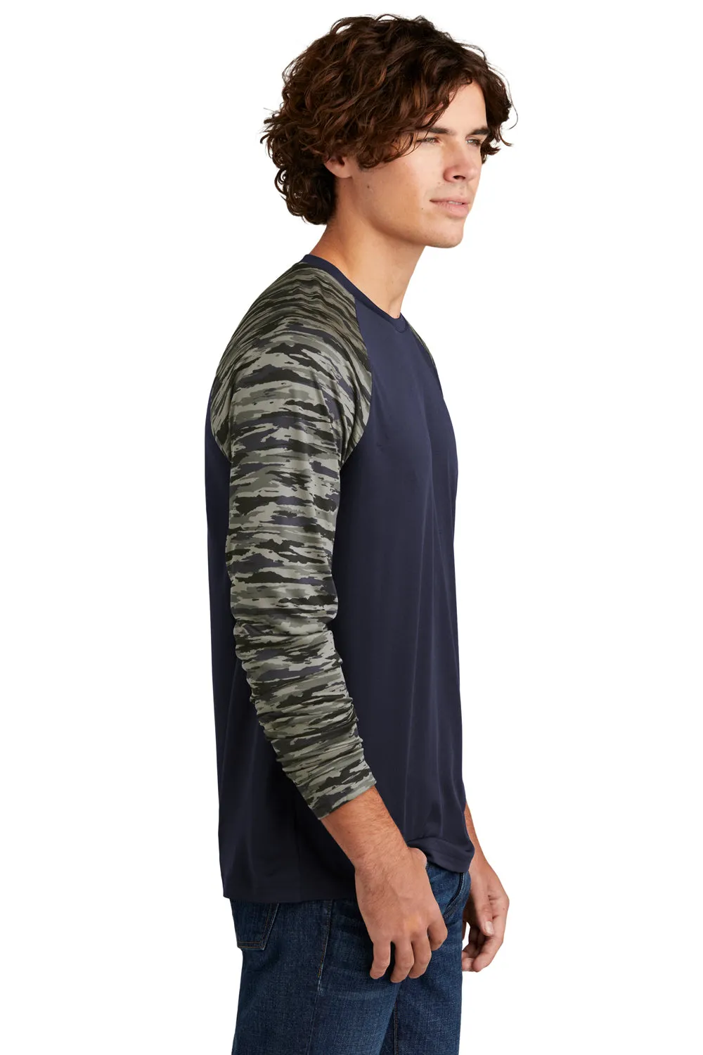 Sport-Tek Mens Drift Camo Colorblock Moisture Wicking Long Sleeve Crewneck T-Shirt - True Navy Blue