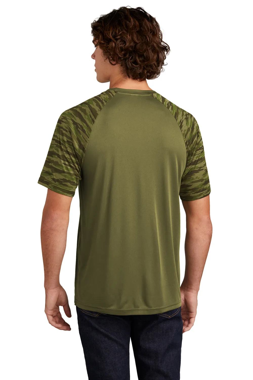 Sport-Tek Mens Drift Camo Colorblock Moisture Wicking Short Sleeve Crewneck T-Shirt - Olive Drab Green