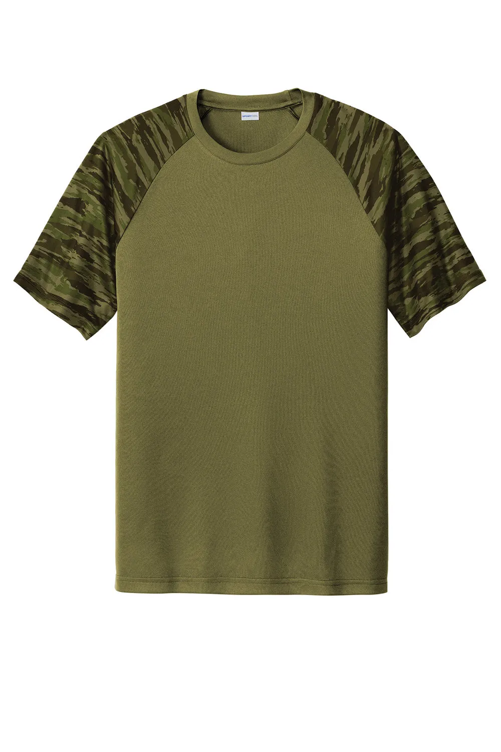 Sport-Tek Mens Drift Camo Colorblock Moisture Wicking Short Sleeve Crewneck T-Shirt - Olive Drab Green