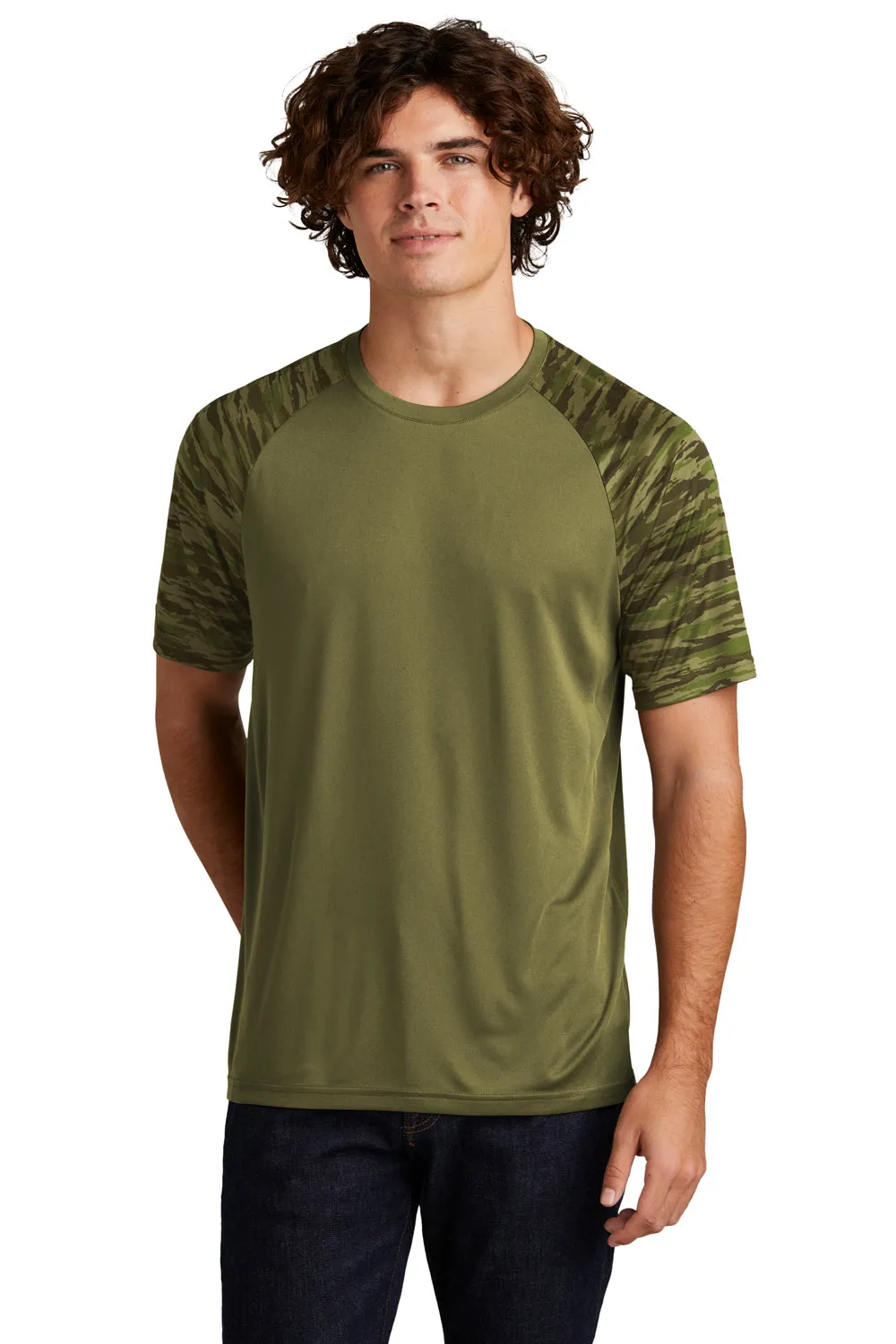 Sport-Tek Mens Drift Camo Colorblock Moisture Wicking Short Sleeve Crewneck T-Shirt - Olive Drab Green