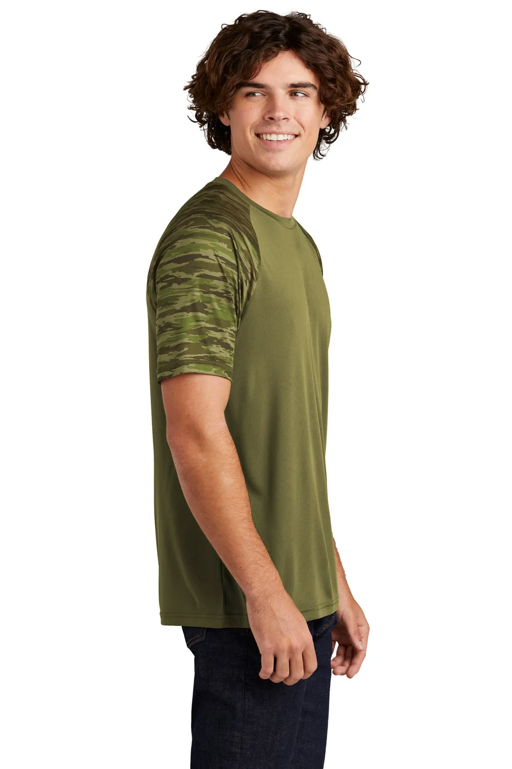 Sport-Tek Mens Drift Camo Colorblock Moisture Wicking Short Sleeve Crewneck T-Shirt - Olive Drab Green