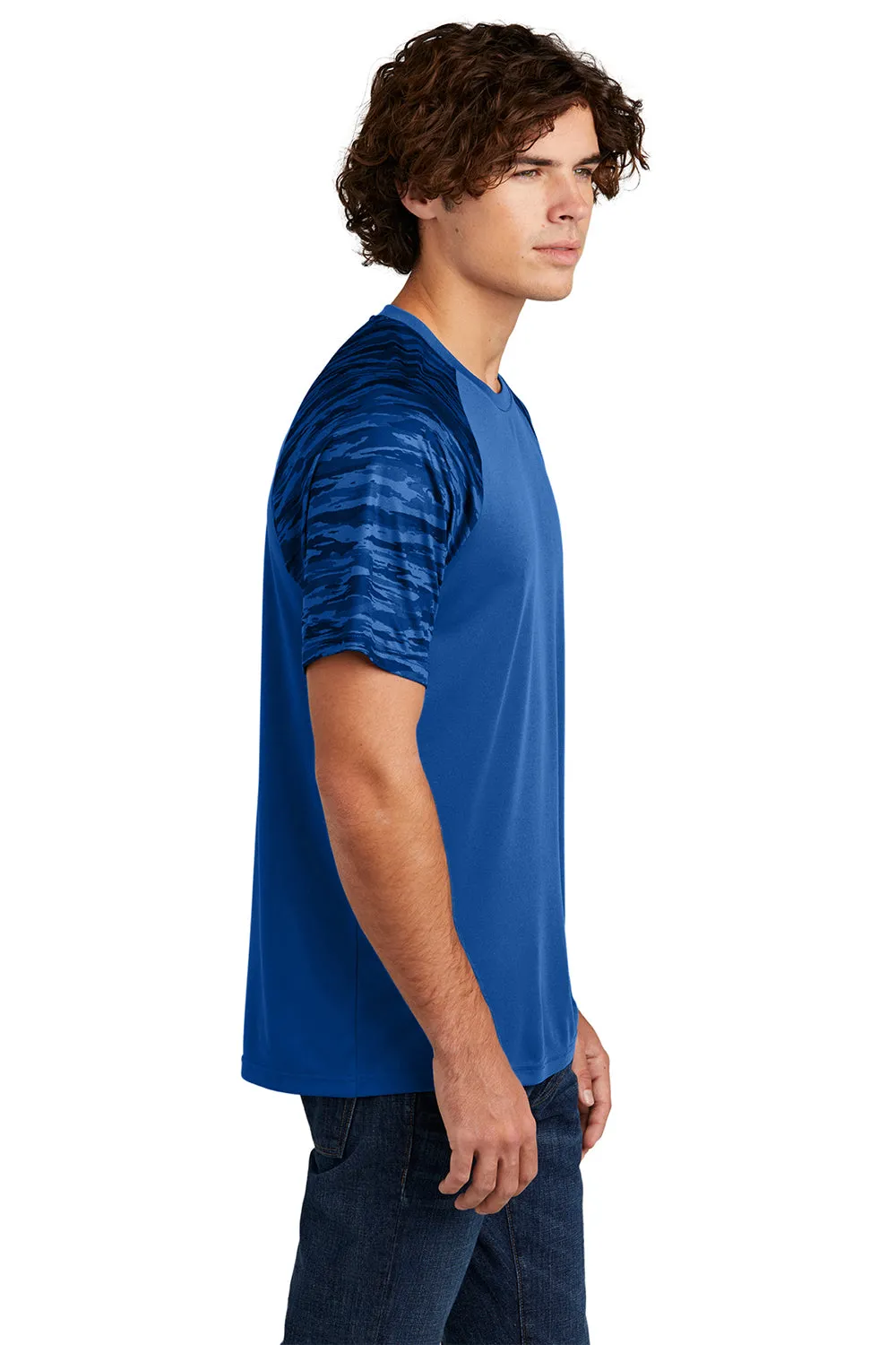 Sport-Tek Mens Drift Camo Colorblock Moisture Wicking Short Sleeve Crewneck T-Shirt - True Royal Blue