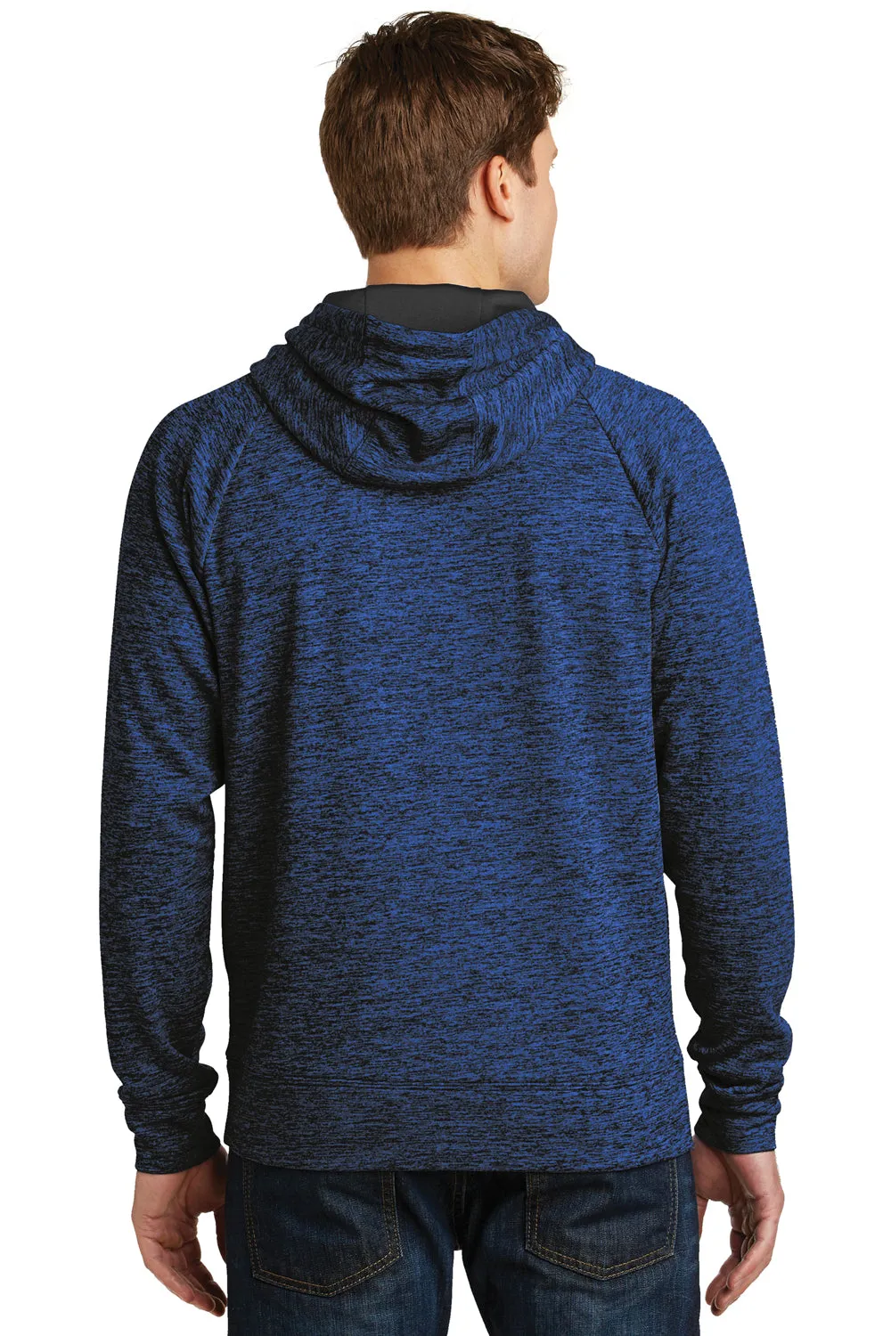 Sport-Tek Mens Electric Heather Moisture Wicking Fleece Hooded Sweatshirt Hoodie w/ Pouch Pocket - Dark Royal Blue Electric - Closeout