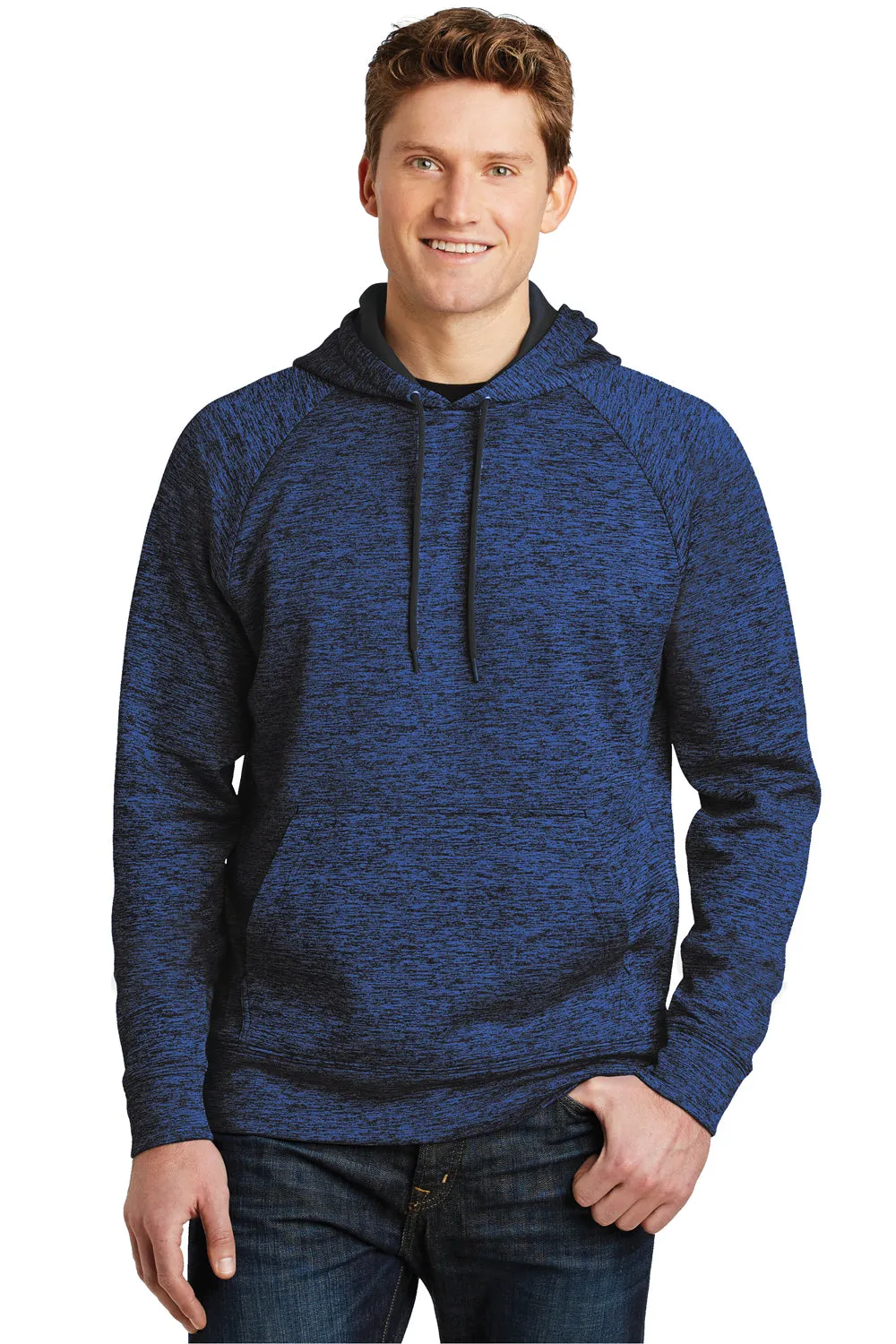 Sport-Tek Mens Electric Heather Moisture Wicking Fleece Hooded Sweatshirt Hoodie w/ Pouch Pocket - Dark Royal Blue Electric - Closeout