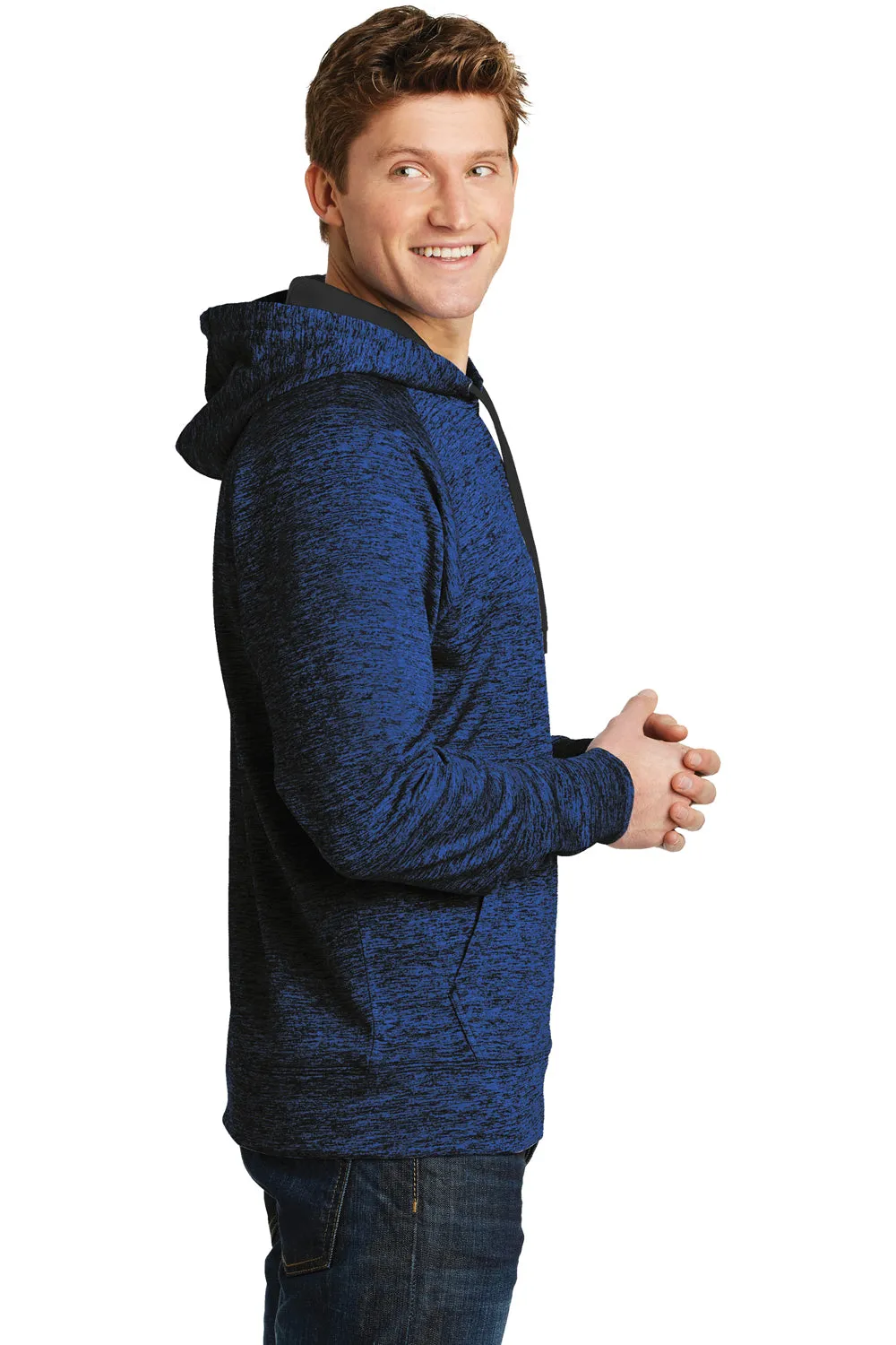 Sport-Tek Mens Electric Heather Moisture Wicking Fleece Hooded Sweatshirt Hoodie w/ Pouch Pocket - Dark Royal Blue Electric - Closeout