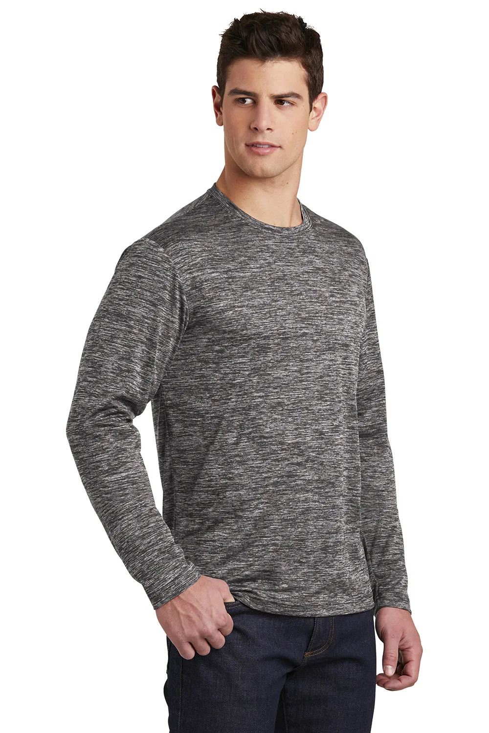 Sport-Tek Mens Electric Heather Moisture Wicking Long Sleeve Crewneck T-Shirt - Black Electric