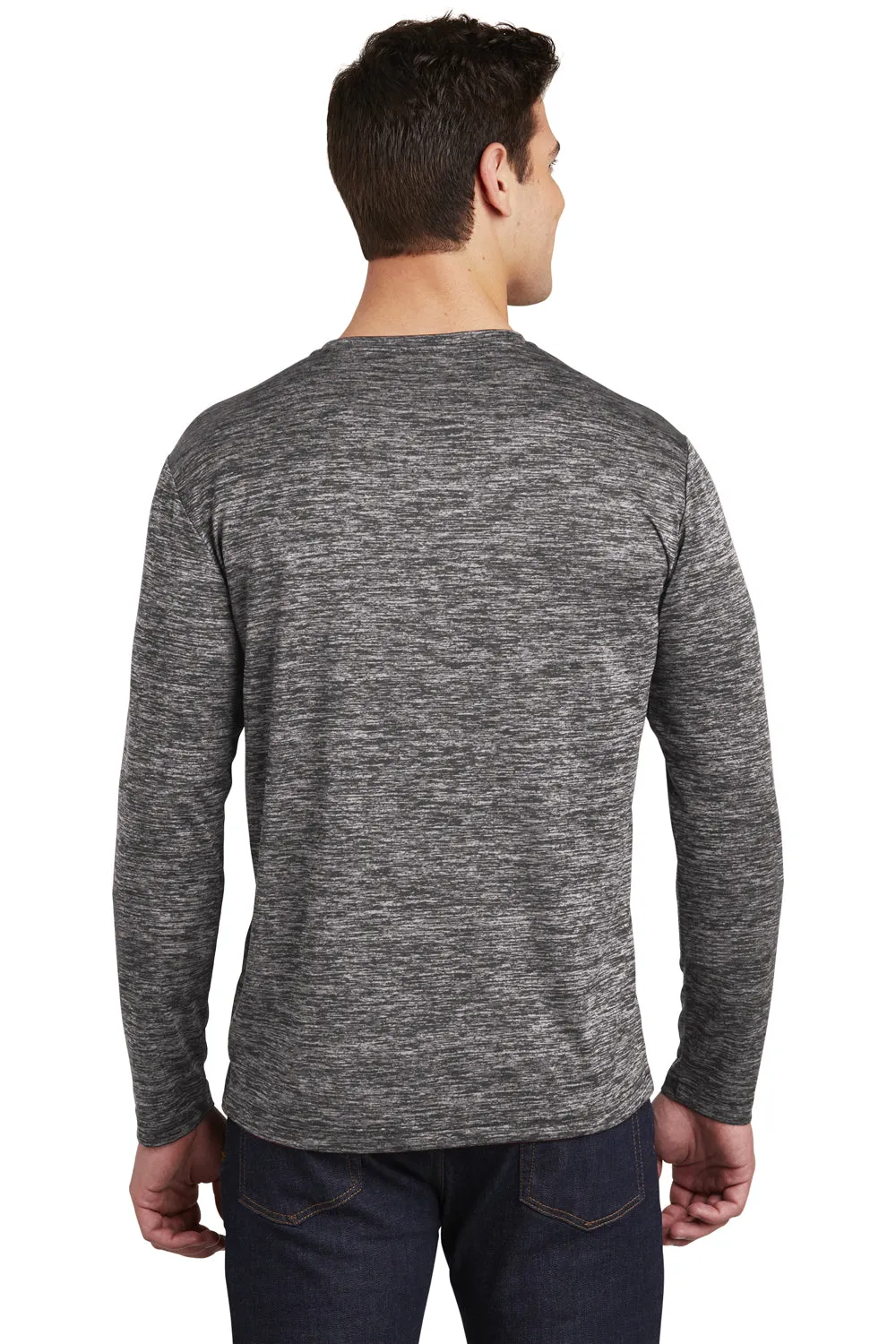 Sport-Tek Mens Electric Heather Moisture Wicking Long Sleeve Crewneck T-Shirt - Black Electric