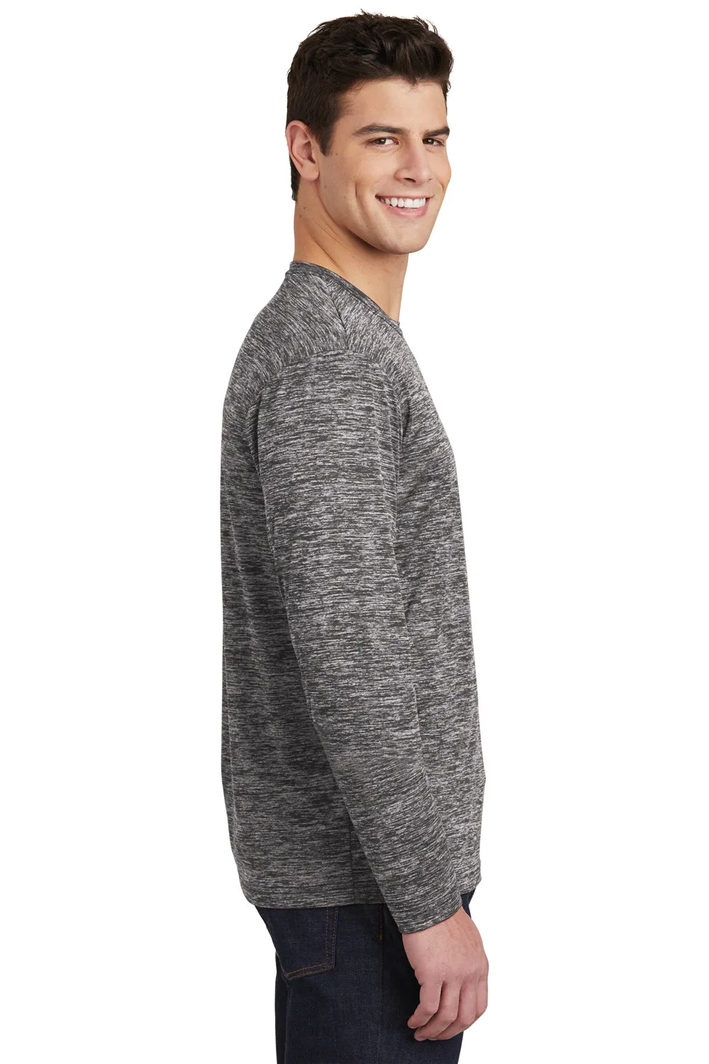 Sport-Tek Mens Electric Heather Moisture Wicking Long Sleeve Crewneck T-Shirt - Black Electric