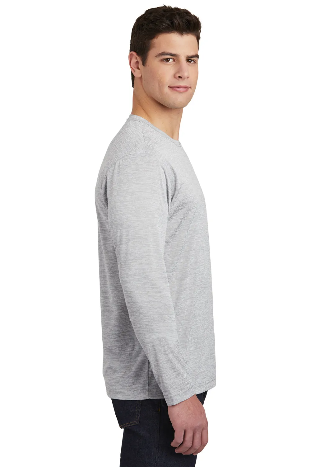 Sport-Tek Mens Electric Heather Moisture Wicking Long Sleeve Crewneck T-Shirt - Silver Grey Electric