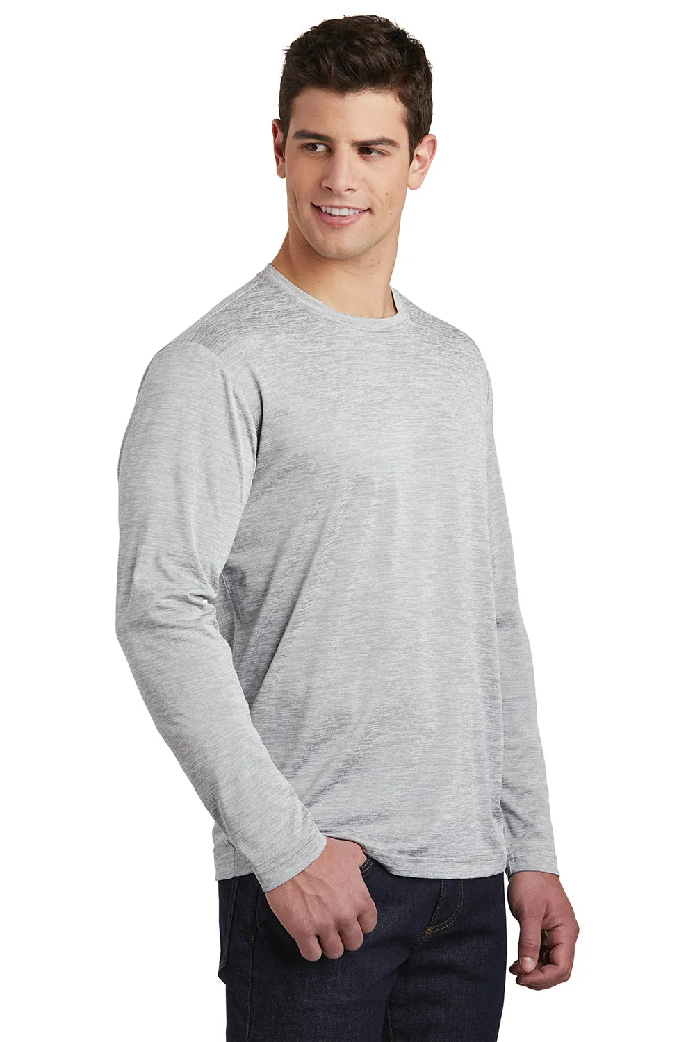 Sport-Tek Mens Electric Heather Moisture Wicking Long Sleeve Crewneck T-Shirt - Silver Grey Electric