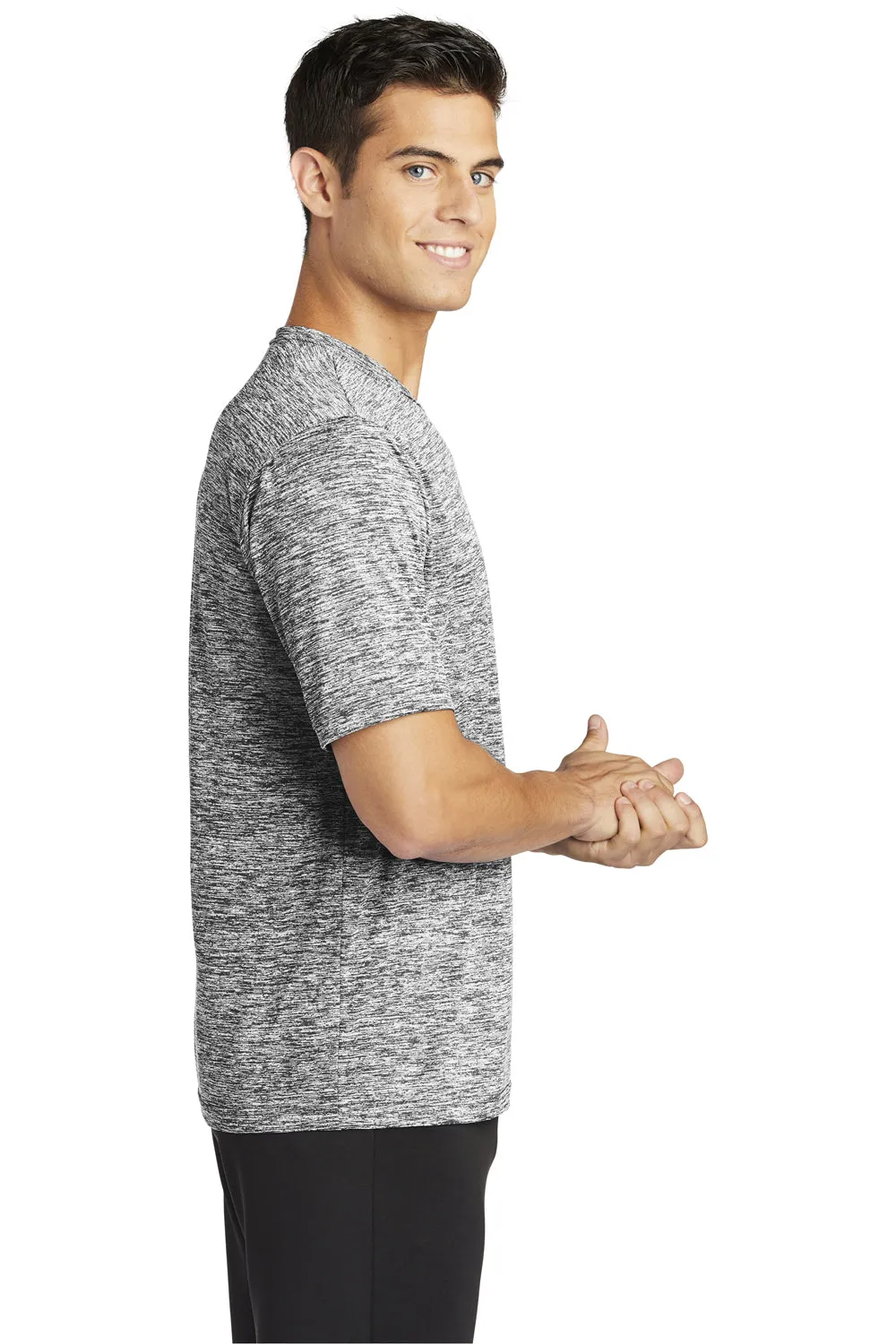 Sport-Tek Mens Electric Heather Moisture Wicking Short Sleeve Crewneck T-Shirt - Black Electric