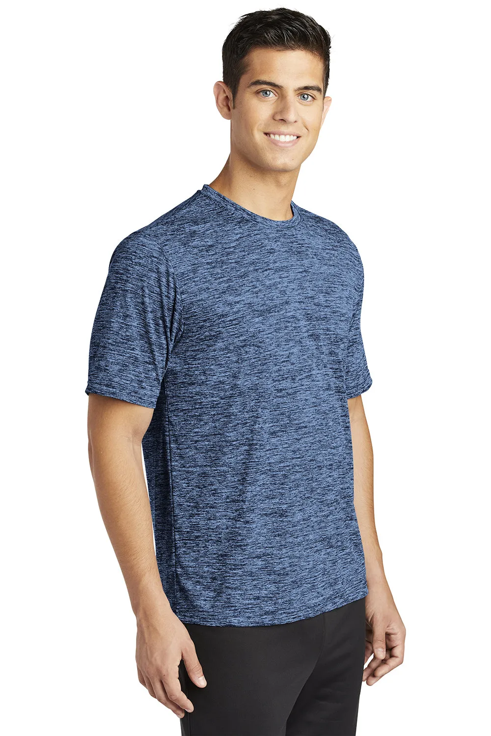 Sport-Tek Mens Electric Heather Moisture Wicking Short Sleeve Crewneck T-Shirt - Carolina Blue/True Navy Blue Electric - Closeout