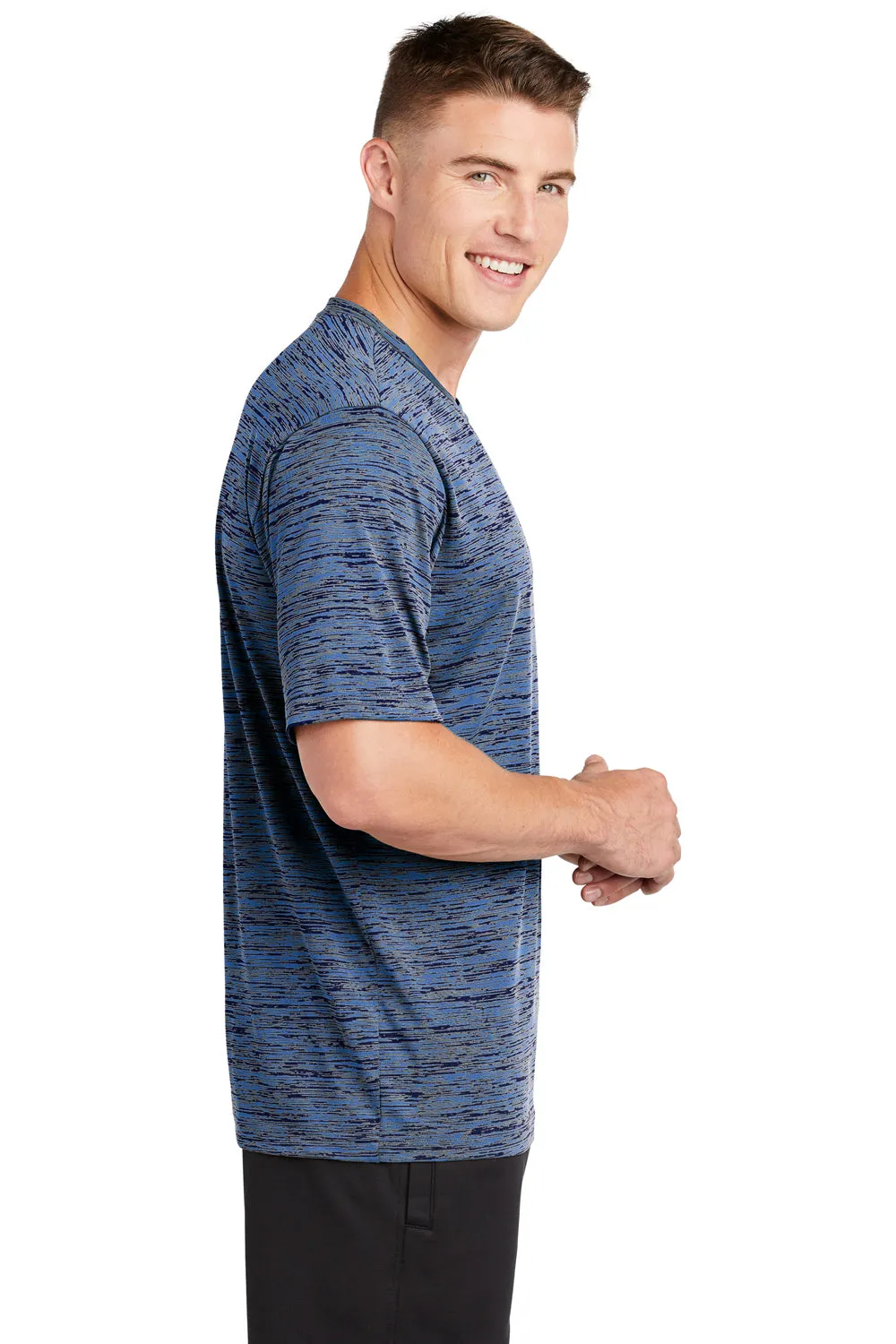 Sport-Tek Mens Electric Heather Moisture Wicking Short Sleeve Crewneck T-Shirt - Carolina Blue/True Navy Blue Electric - Closeout