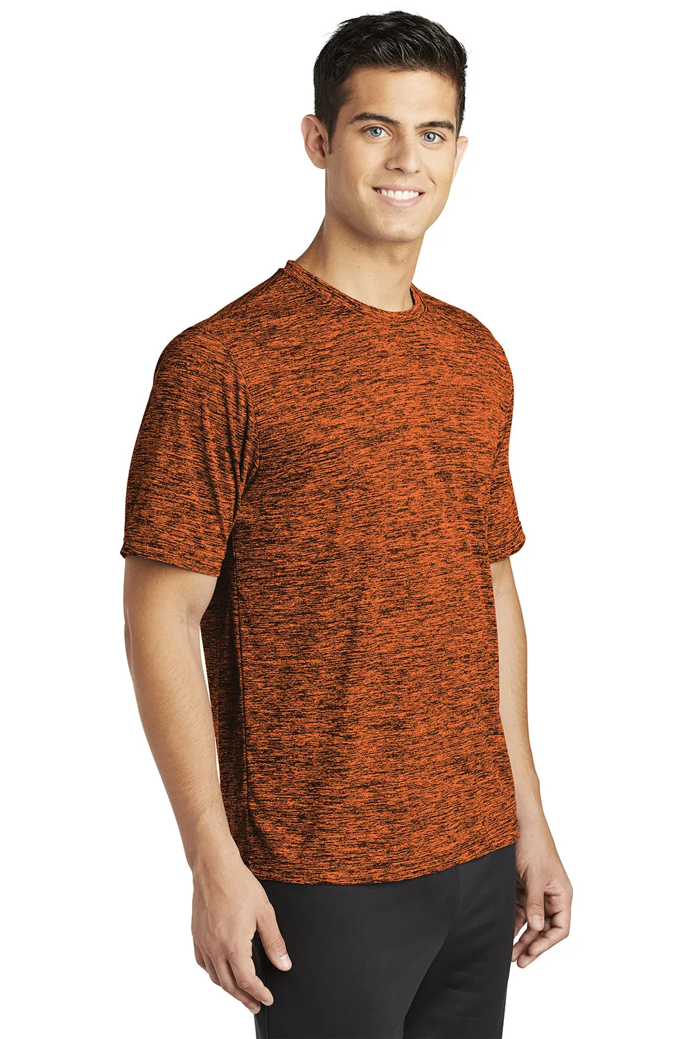 Sport-Tek Mens Electric Heather Moisture Wicking Short Sleeve Crewneck T-Shirt - Deep Orange Black Electric - Closeout
