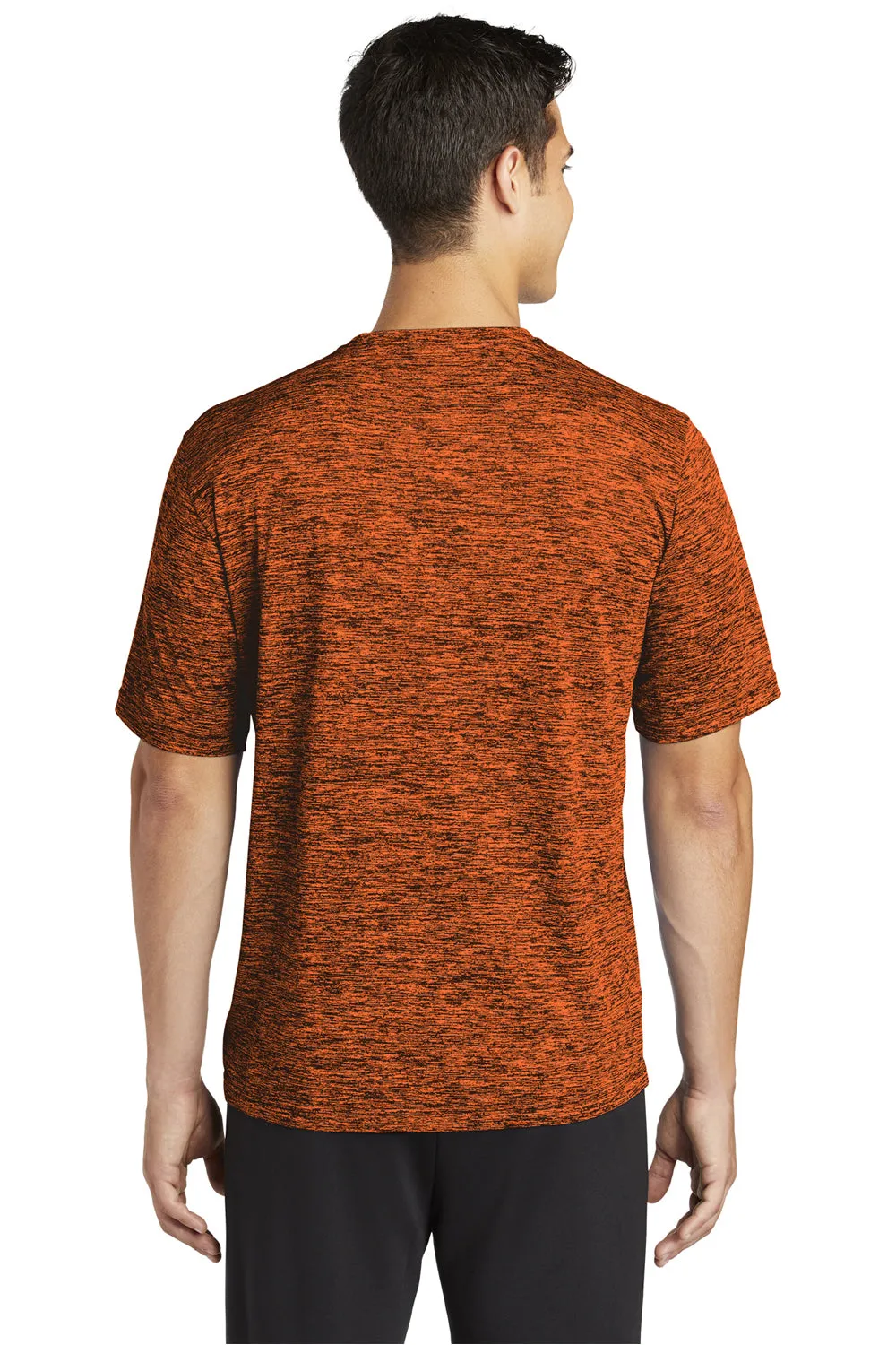 Sport-Tek Mens Electric Heather Moisture Wicking Short Sleeve Crewneck T-Shirt - Deep Orange Black Electric - Closeout