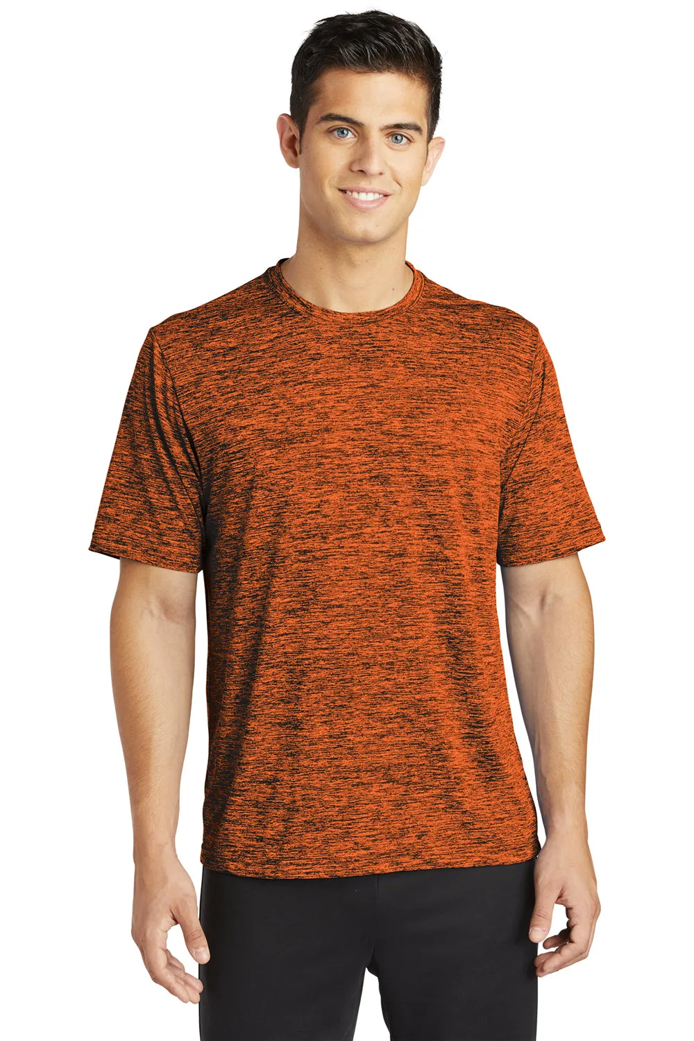 Sport-Tek Mens Electric Heather Moisture Wicking Short Sleeve Crewneck T-Shirt - Deep Orange Black Electric - Closeout