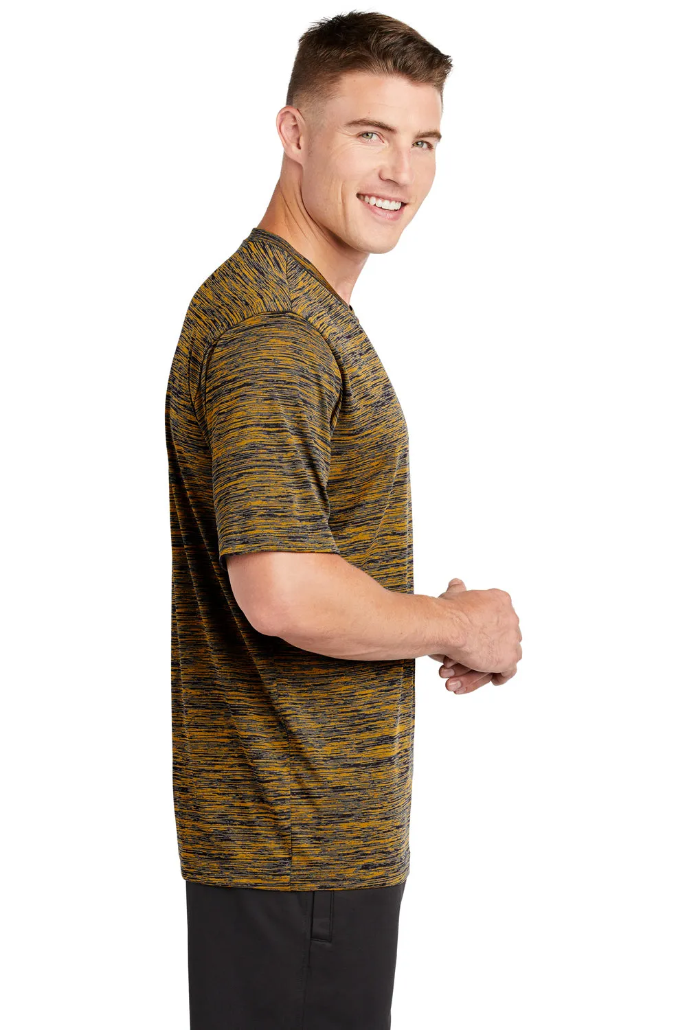 Sport-Tek Mens Electric Heather Moisture Wicking Short Sleeve Crewneck T-Shirt - Gold/Black Electric - Closeout