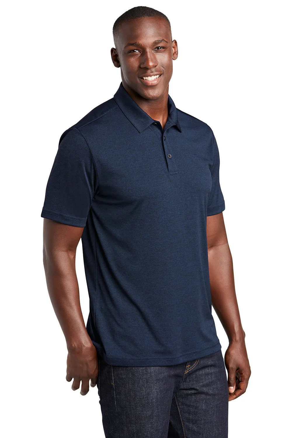 Sport-Tek Mens Endeavor Moisture Wicking Short Sleeve Polo Shirt - Heather Dark Royal Blue