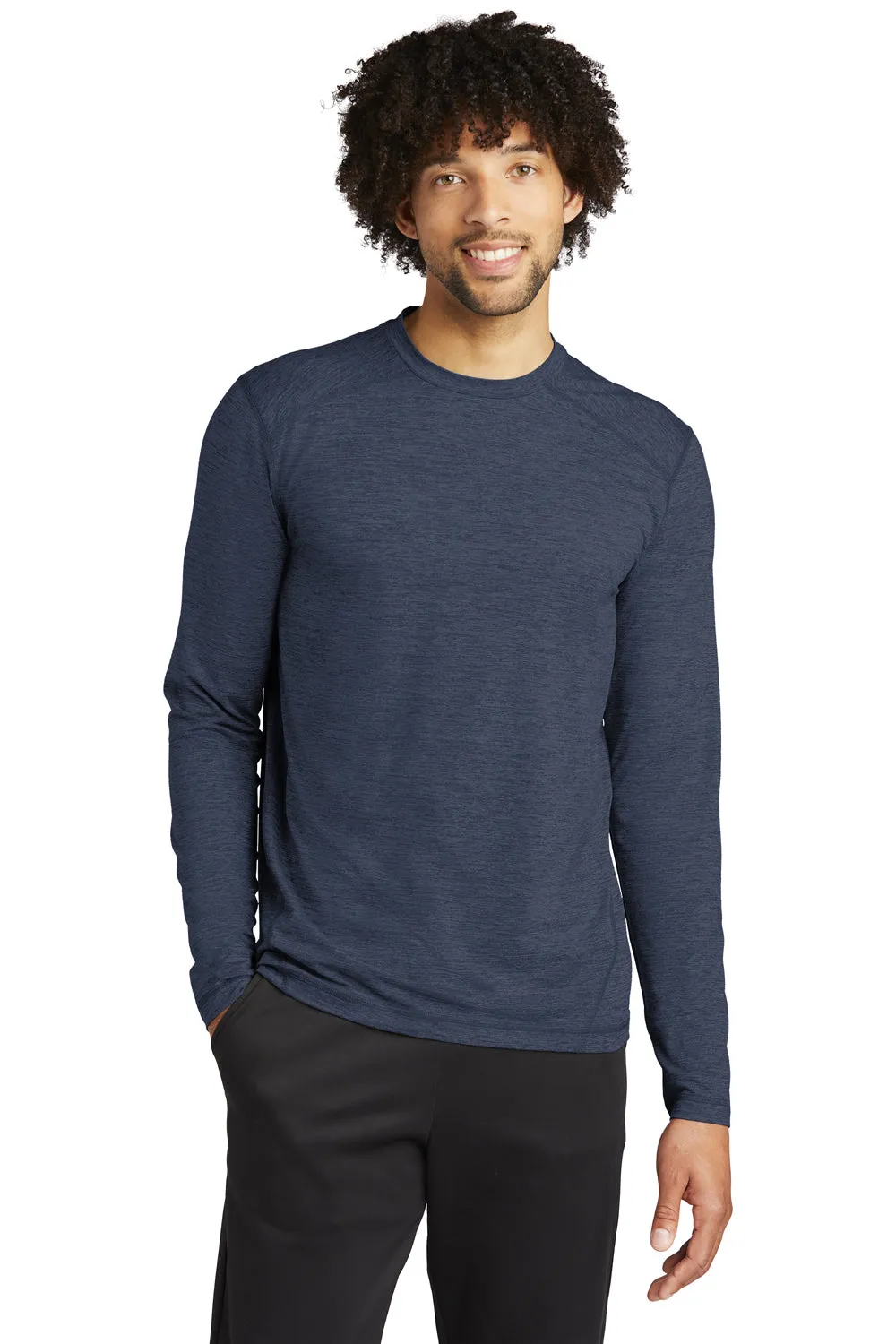 Sport-Tek Mens Exchange 1.5 Long Sleeve Crewneck T-Shirt - Heather Dark Denim Blue - Closeout