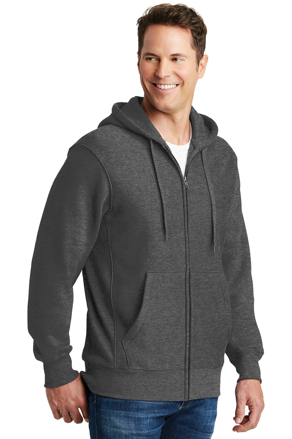 Sport-Tek Mens Fleece Full Zip Hooded Sweatshirt Hoodie w/ Pockets - Heather Graphite Grey