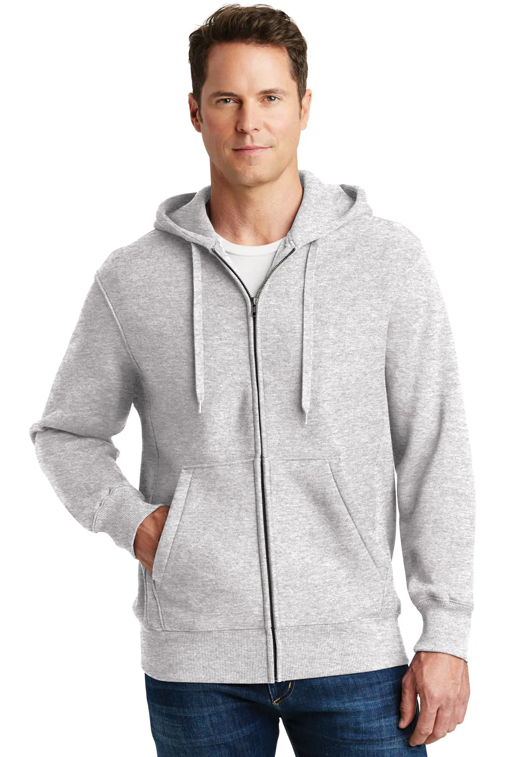 Sport-Tek Mens Fleece Full Zip Hooded Sweatshirt Hoodie w/ Pockets - Heather Grey
