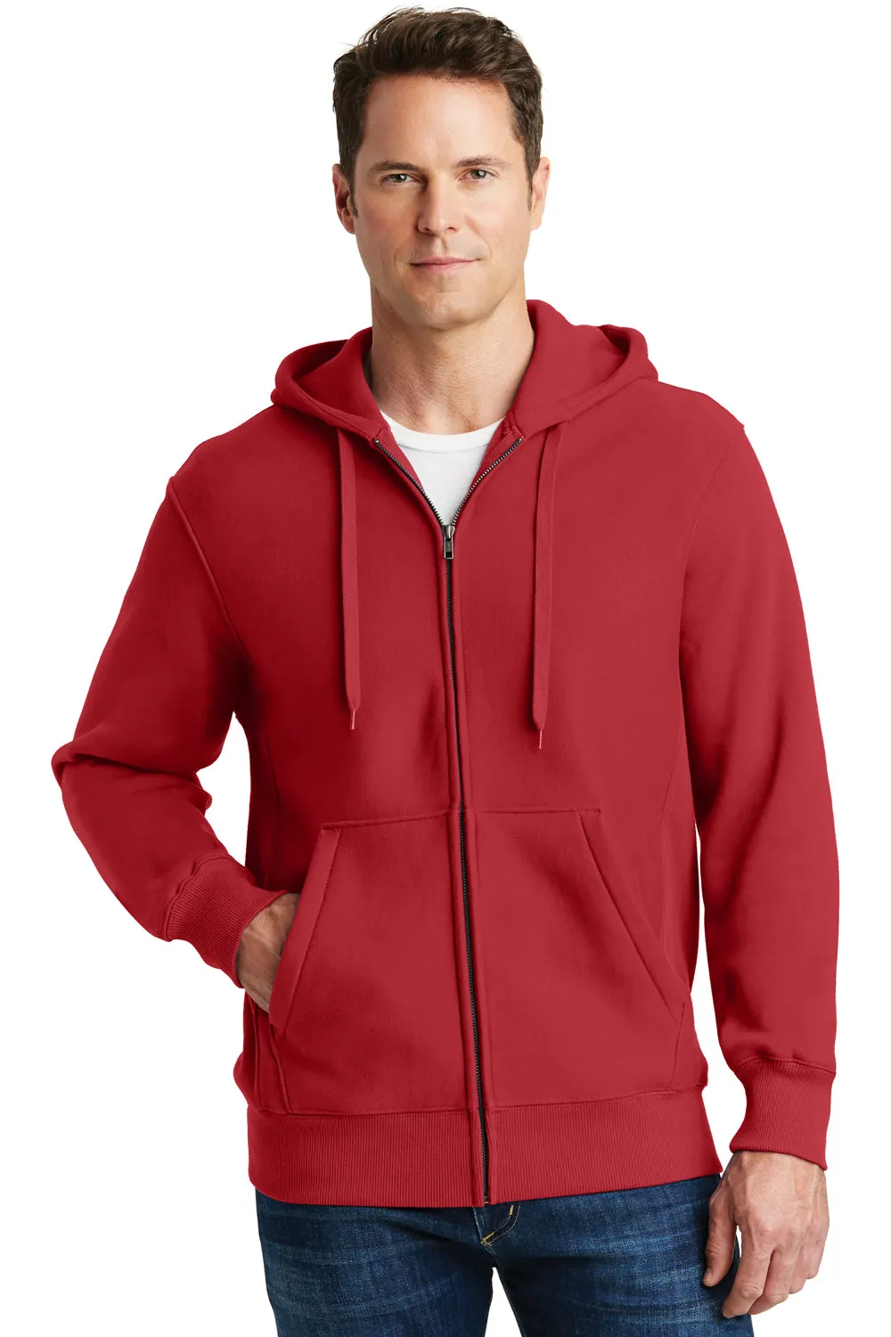 Sport-Tek Mens Fleece Full Zip Hooded Sweatshirt Hoodie w/ Pockets - Red