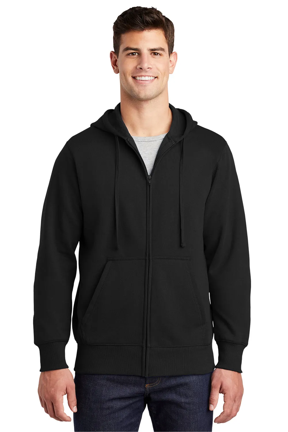 Sport-Tek Mens Fleece Full Zip Hooded Sweatshirt Hoodie w/ Pouch Pocket - Black
