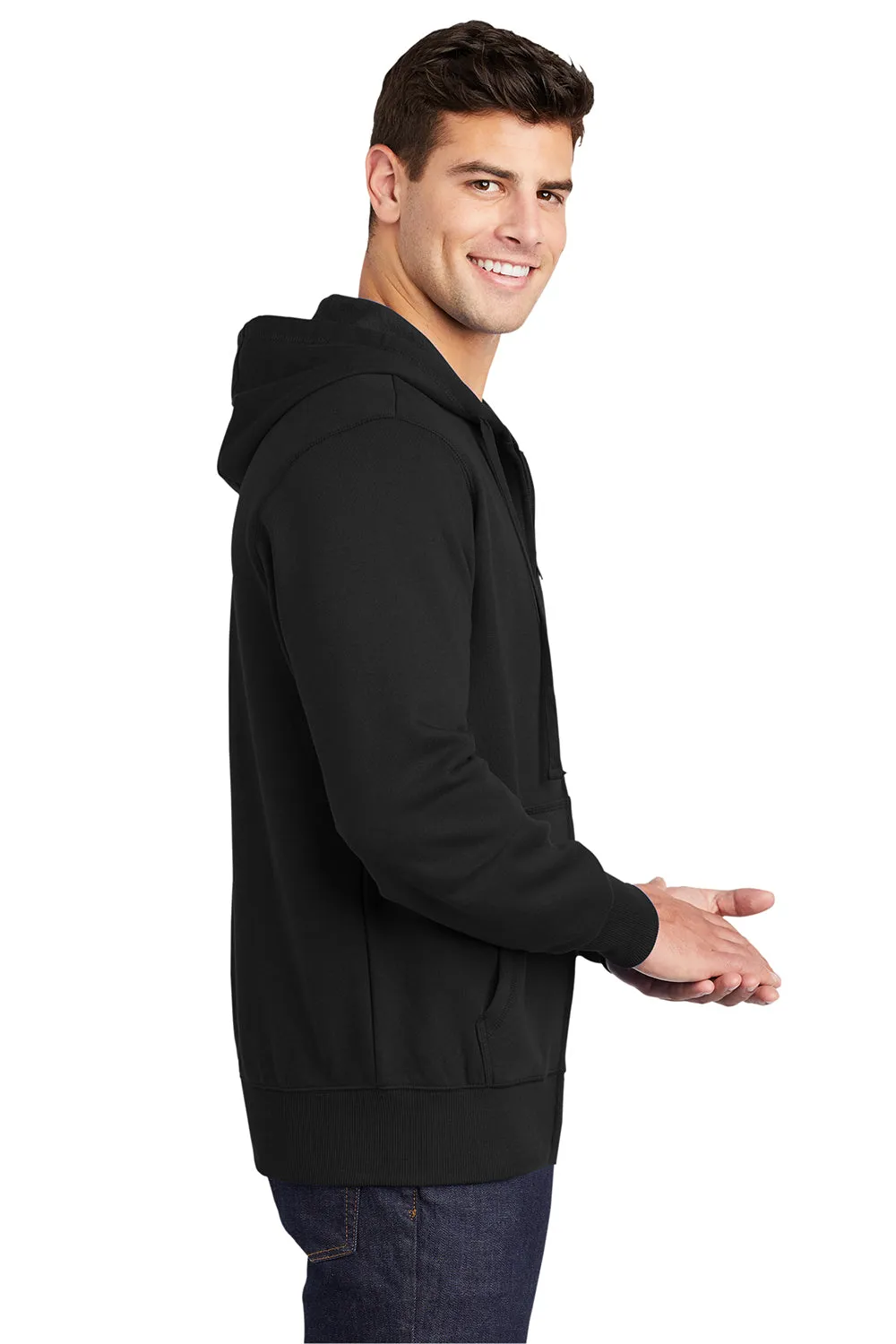 Sport-Tek Mens Fleece Full Zip Hooded Sweatshirt Hoodie w/ Pouch Pocket - Black