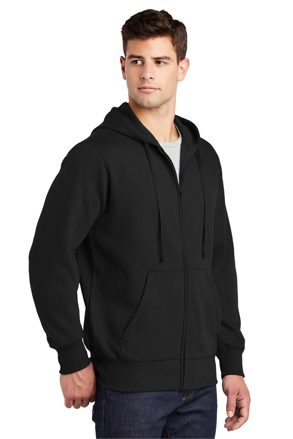 Sport-Tek Mens Fleece Full Zip Hooded Sweatshirt Hoodie w/ Pouch Pocket - Black