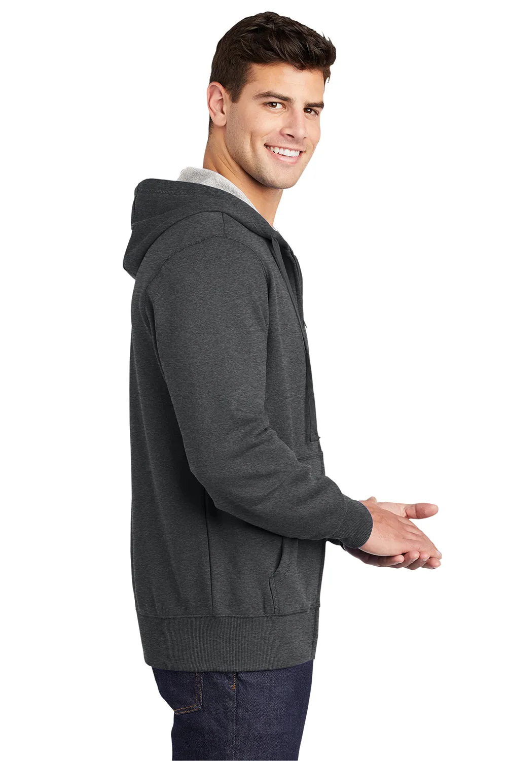 Sport-Tek Mens Fleece Full Zip Hooded Sweatshirt Hoodie w/ Pouch Pocket - Heather Graphite Grey