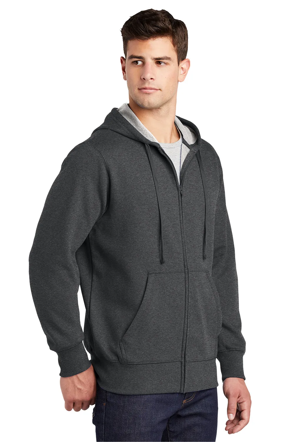 Sport-Tek Mens Fleece Full Zip Hooded Sweatshirt Hoodie w/ Pouch Pocket - Heather Graphite Grey