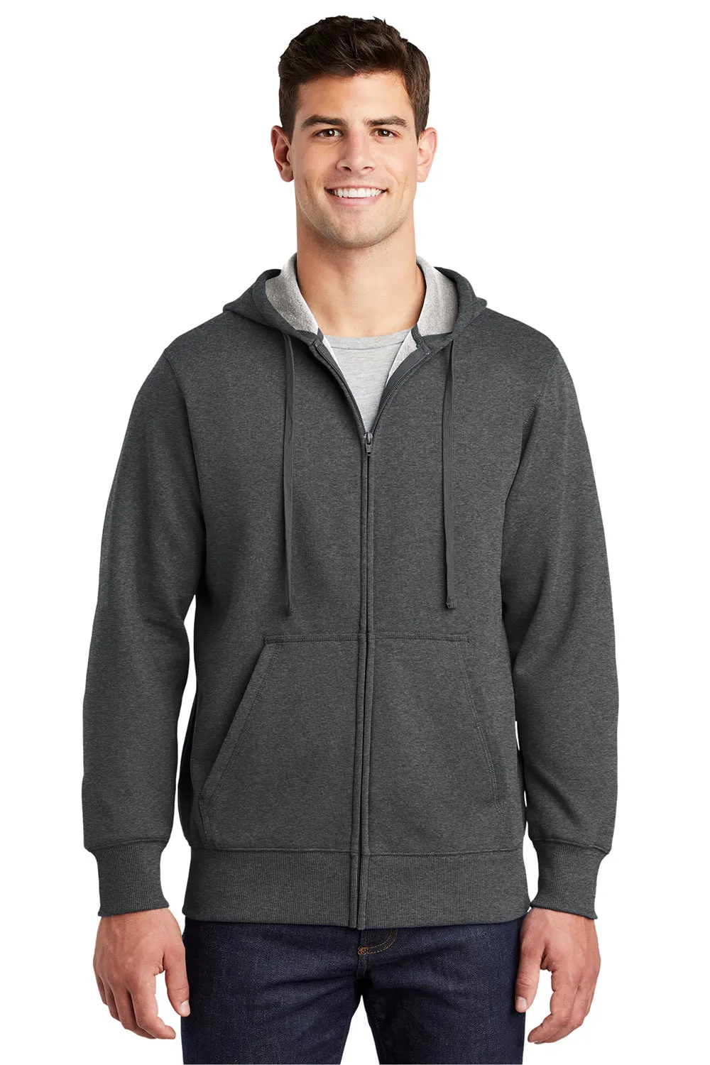 Sport-Tek Mens Fleece Full Zip Hooded Sweatshirt Hoodie w/ Pouch Pocket - Heather Graphite Grey