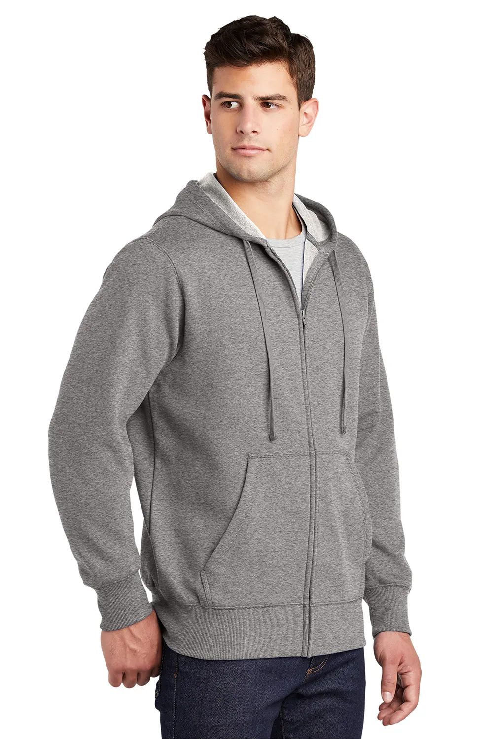 Sport-Tek Mens Fleece Full Zip Hooded Sweatshirt Hoodie w/ Pouch Pocket - Heather Vintage Grey