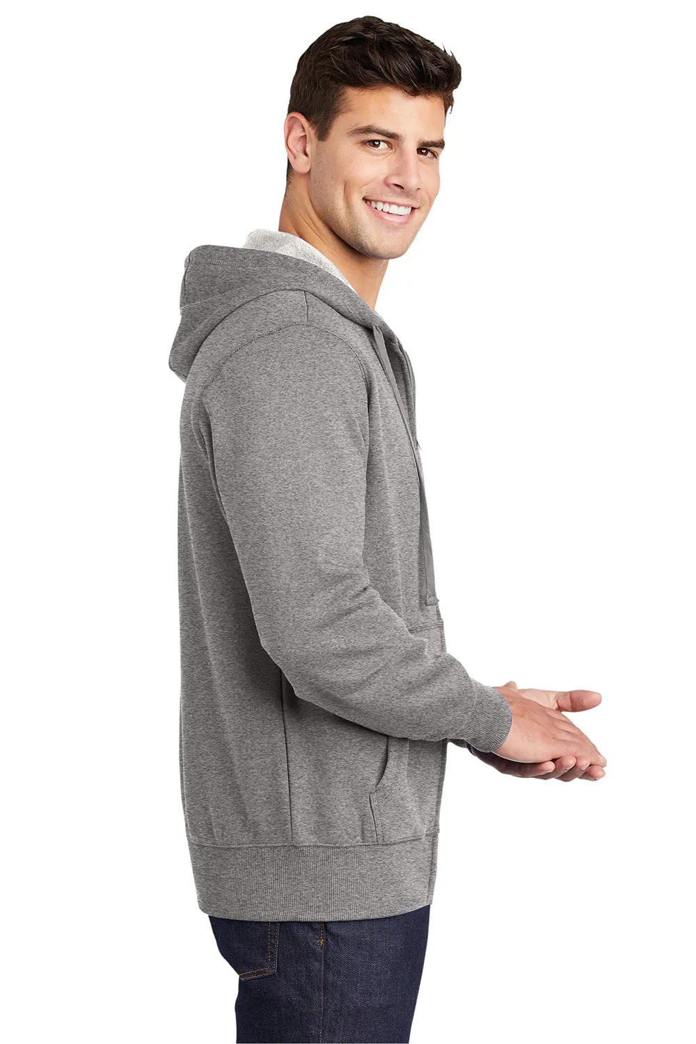Sport-Tek Mens Fleece Full Zip Hooded Sweatshirt Hoodie w/ Pouch Pocket - Heather Vintage Grey