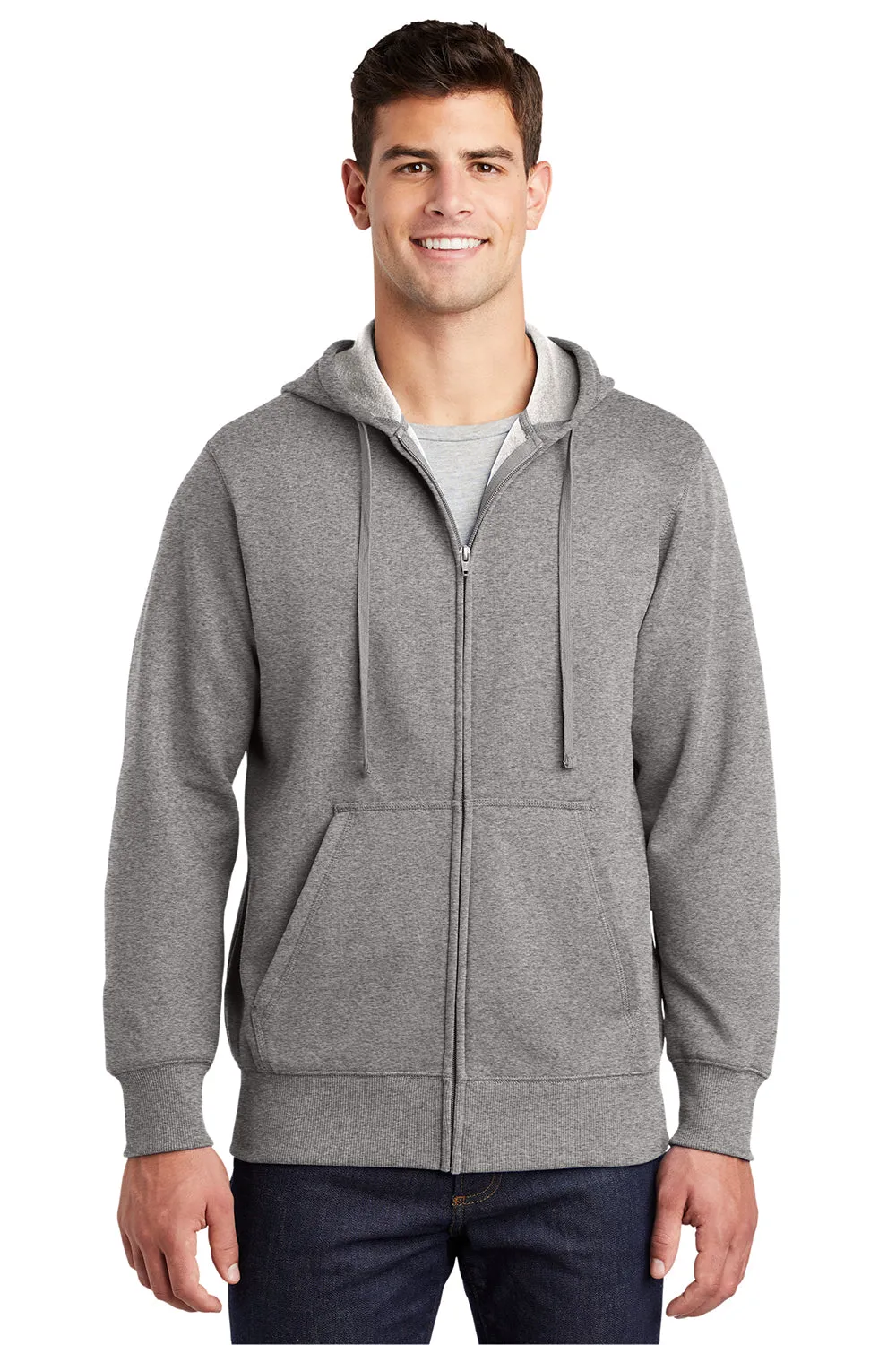 Sport-Tek Mens Fleece Full Zip Hooded Sweatshirt Hoodie w/ Pouch Pocket - Heather Vintage Grey