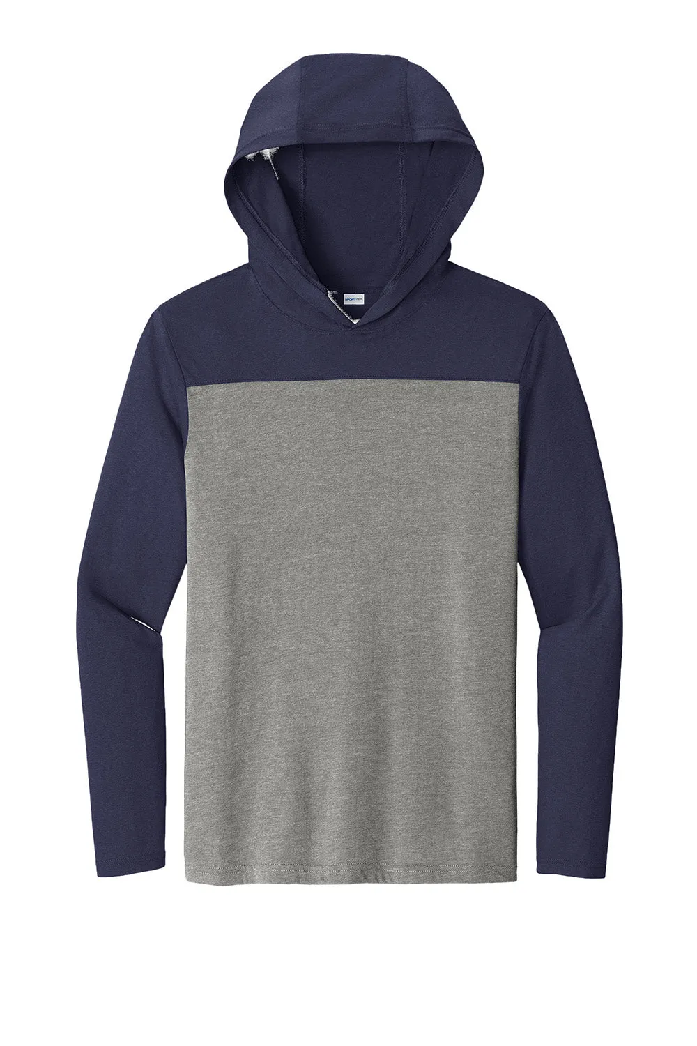 Sport-Tek Mens Halftime Long Sleeve Hooded T-Shirt Hoodie - Heather Vintage Grey/True Navy Blue