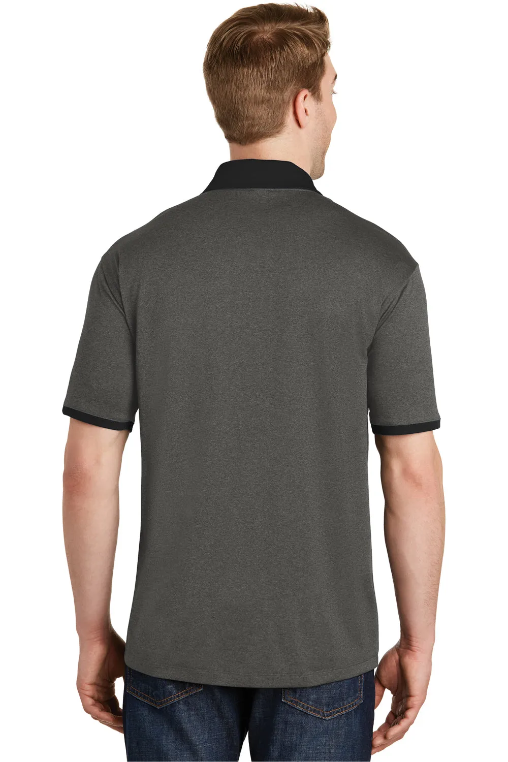 Sport-Tek Mens Heather Contender Moisture Wicking Short Sleeve Polo Shirt - Heather Graphite Grey/Black - Closeout